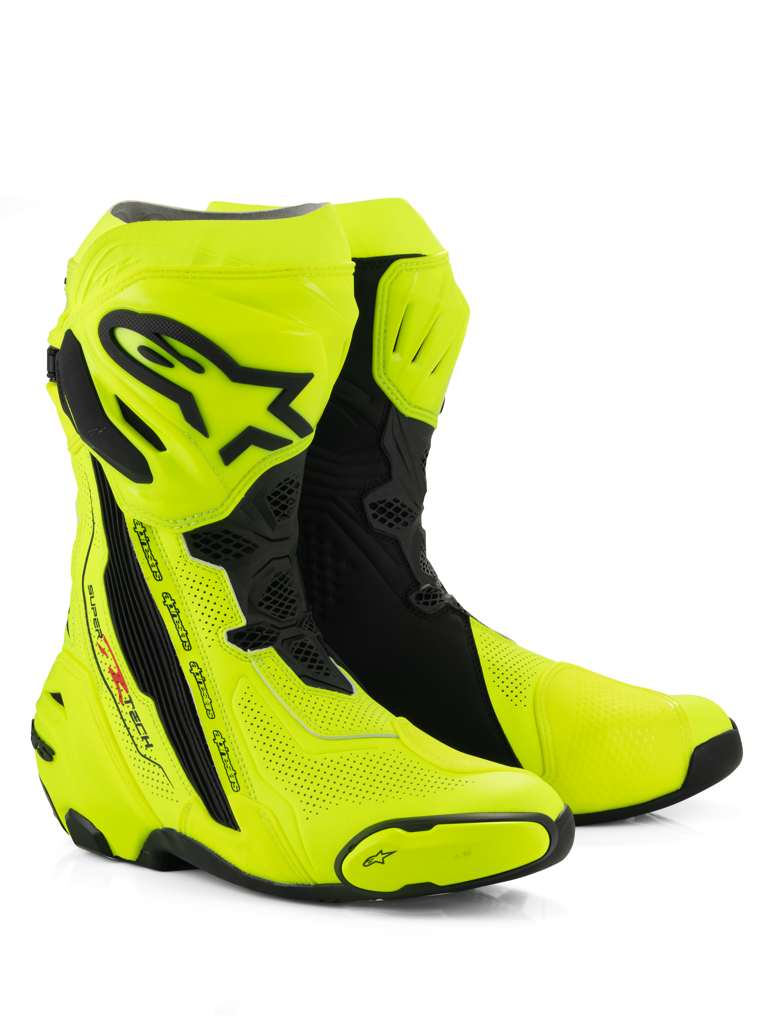 Alpinestars Supertech R Vented støvler, racerstøvler til motorcykel, fluoriserende gul og sort, med omfattende perforeringer for luftgennemstrømning, sort TPU-skinneplade og hælbeskyttere, og en strømlinet aerodynamisk profil til højtydende bane- og landevejsbrug