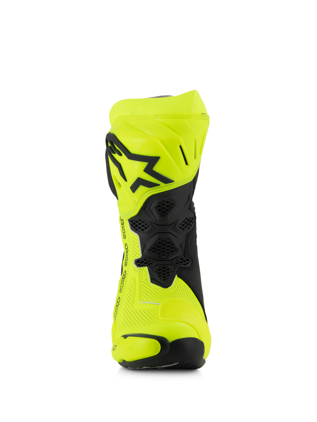 Alpinestars Supertech R Vented støvler, motorcykel racingstøvler, Yellow Fluo og sort, set forfra med perforeret mikrofiber, TPU-skinneplade med sort stjerne-logo og ventilationsnet for maksimal luftgennemstrømning.