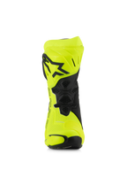 Alpinestars Supertech R Vented støvler, motorcykel racingstøvler, Yellow Fluo og sort, set forfra med perforeret mikrofiber, TPU-skinneplade med sort stjerne-logo og ventilationsnet for maksimal luftgennemstrømning.
