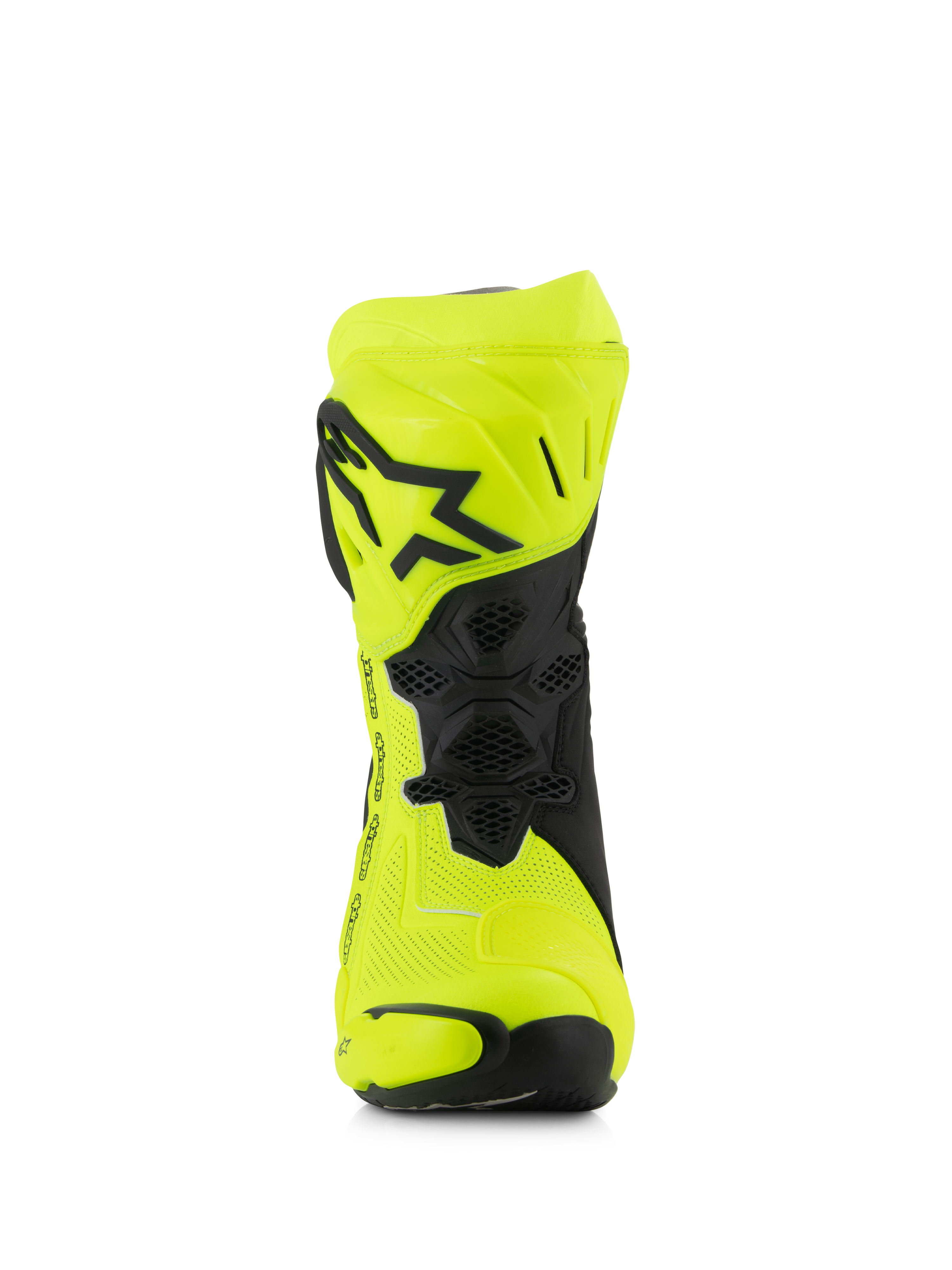 Alpinestars Supertech R Vented støvler, motorcykel racingstøvler, Yellow Fluo og sort, set forfra med perforeret mikrofiber, TPU-skinneplade med sort stjerne-logo og ventilationsnet for maksimal luftgennemstrømning.