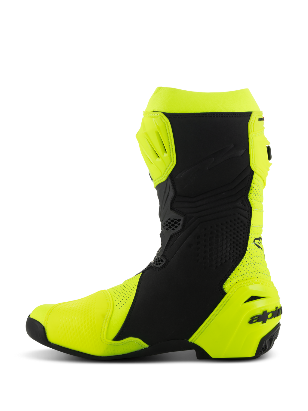Alpinestars Supertech R Vented-støvler, professionelle racerstøvler til motorcykel, gul fluo og sort, medial sideprofil, perforeret mikrofiberkonstruktion for høj luftgennemstrømning, TPU-beskyttelsesplader på skinneben og hæl, slankt aerodynamisk design til konkurrencepræget banekørsel