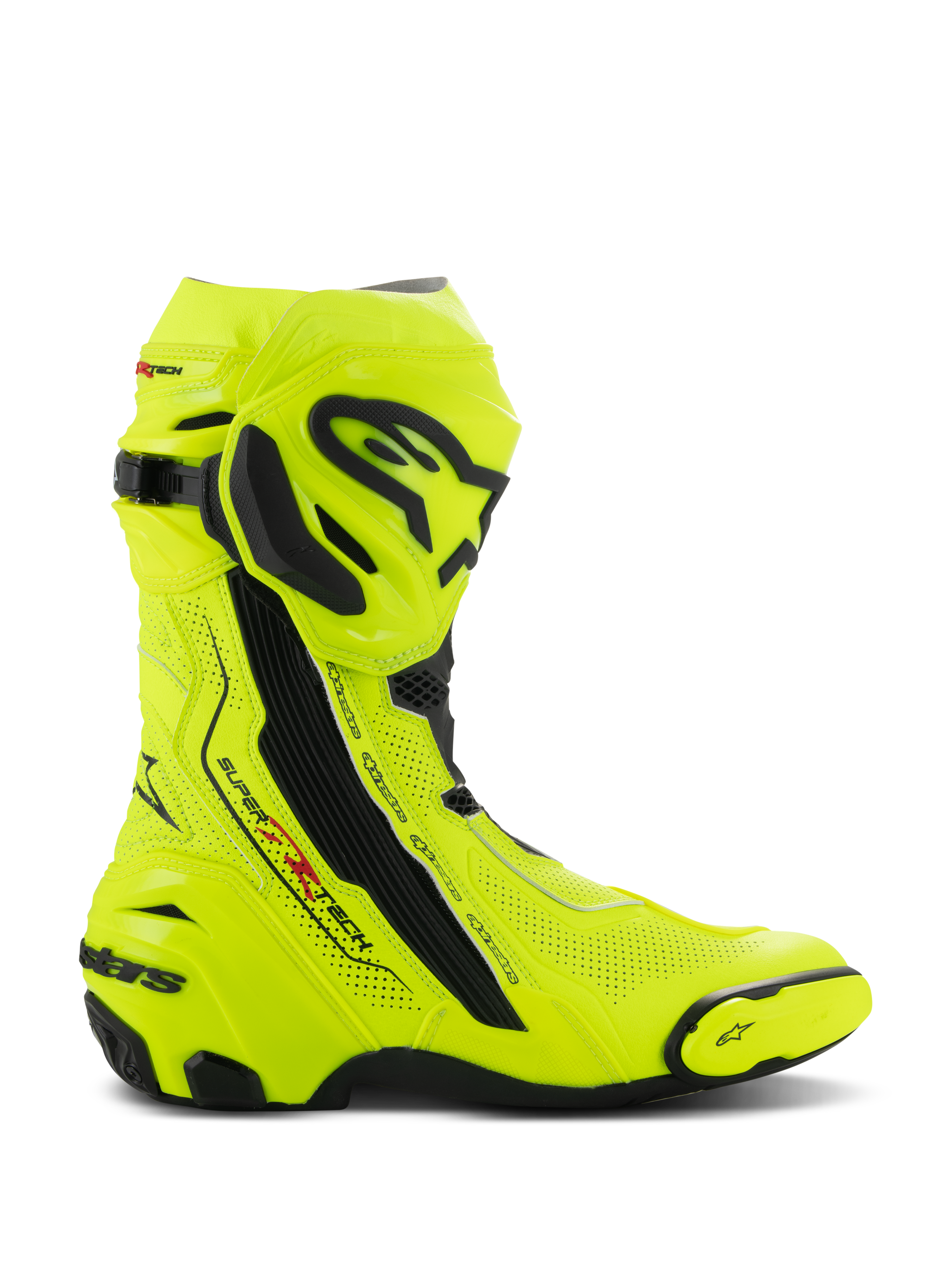 Alpinestars Supertech R Vented støvler, motorcykelracingstøvler, gul fluo og sort, laserperforeret mikrofiberoverdel til ventilation, TPU-skinnebensbeskytter og udskiftelig tåslider, aerodynamisk design med markant branding