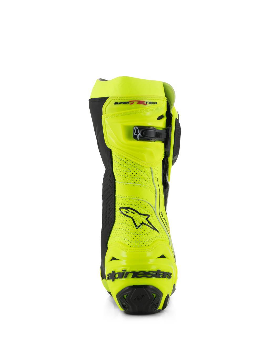 Alpinestars Supertech R Vented støvler, set bagfra, gul fluo og sort, med perforeret mikrofiberkonstruktion, mikrojusterbar skraldelukning i toppen og sort Alpinestars-branding på hælen, professionelt racerfodtøj