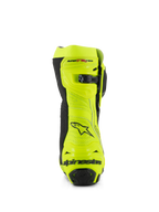 Alpinestars Supertech R Vented støvler, set bagfra, gul fluo og sort, med perforeret mikrofiberkonstruktion, mikrojusterbar skraldelukning i toppen og sort Alpinestars-branding på hælen, professionelt racerfodtøj