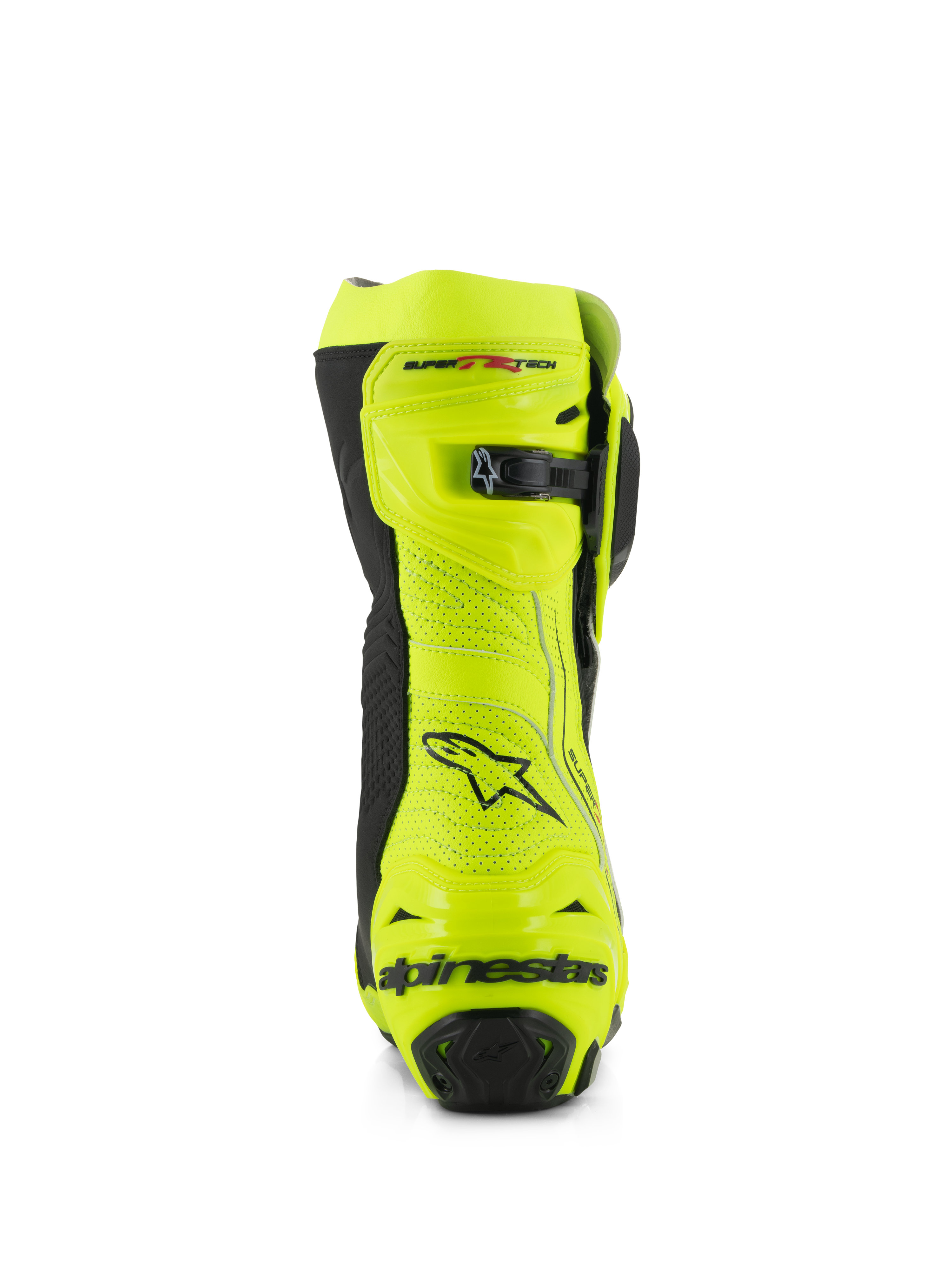 Alpinestars Supertech R Vented støvler, set bagfra, gul fluo og sort, med perforeret mikrofiberkonstruktion, mikrojusterbar skraldelukning i toppen og sort Alpinestars-branding på hælen, professionelt racerfodtøj