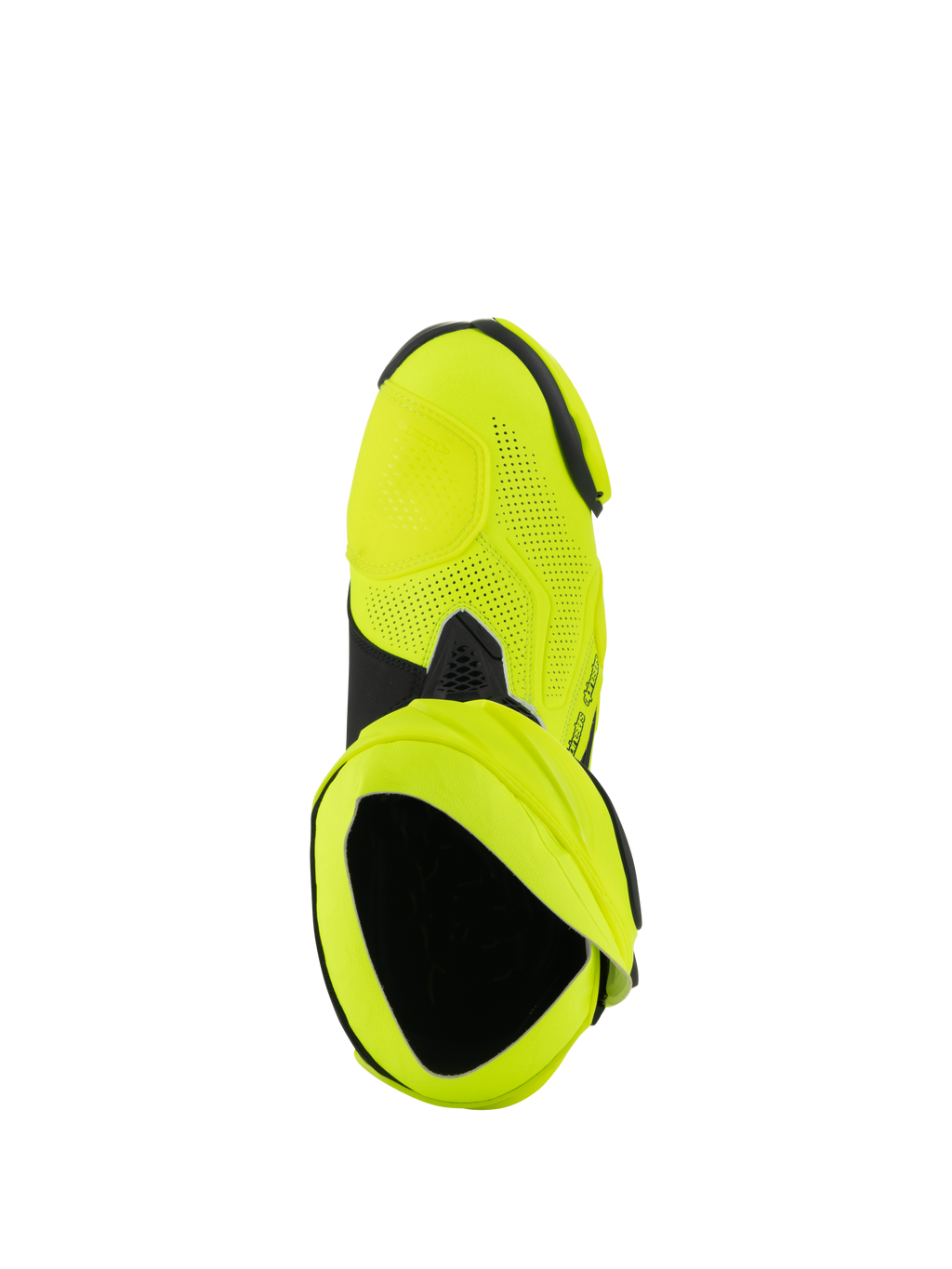 Alpinestars Supertech R Vented støvler, racing motorcykelstøvler, fluorgul og sort, set oppefra, der viser omfattende laserperforeringer og åbning til den indre støvle