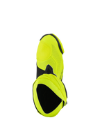 Alpinestars Supertech R Vented støvler, racing motorcykelstøvler, fluorgul og sort, set oppefra, der viser omfattende laserperforeringer og åbning til den indre støvle