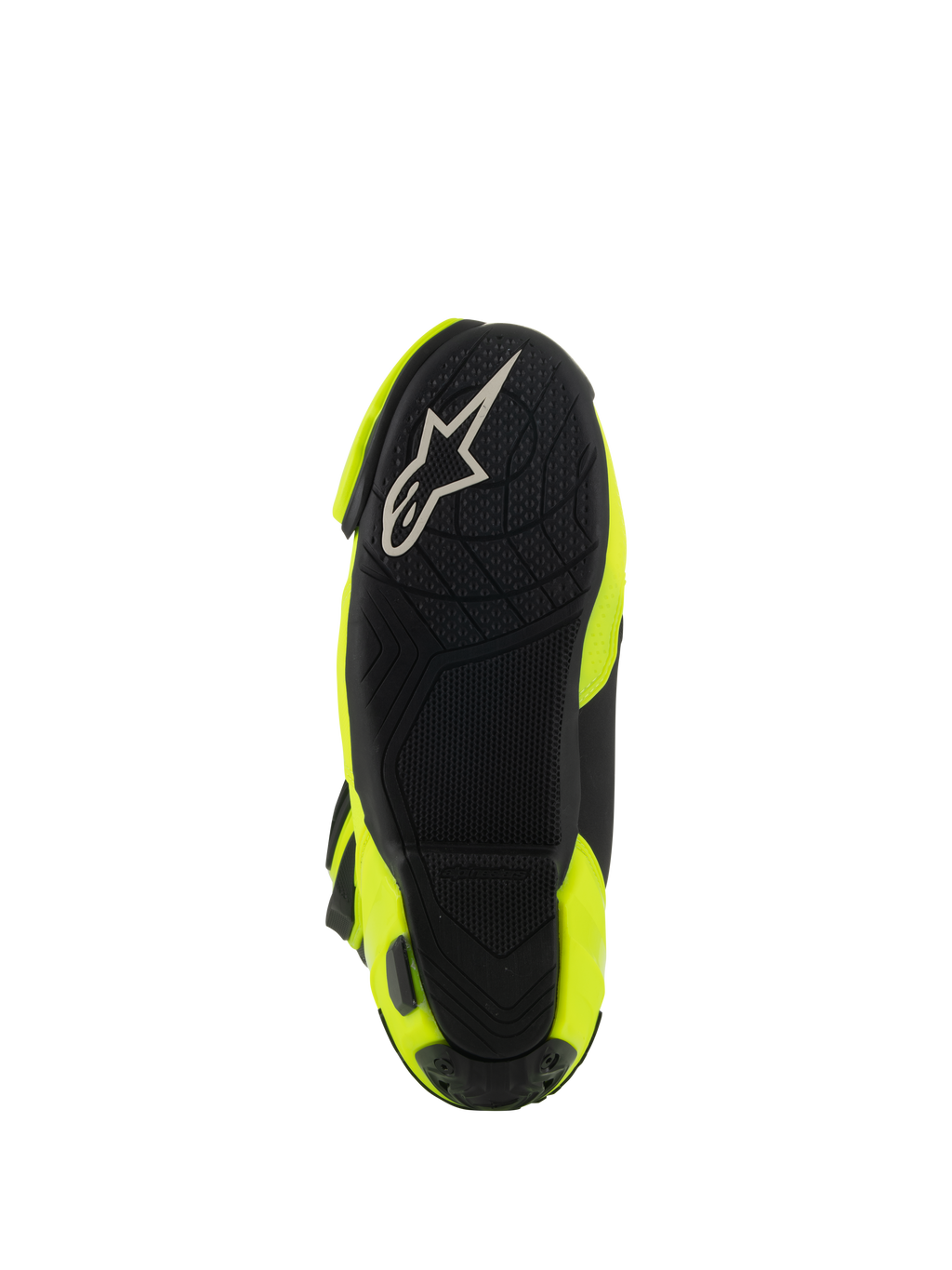 Alpinestars Supertech R ventilerede støvler, set nedefra, sort gummisål, tekstureret grebsmønster til fodstøtter, hvidt A-star logo, Yellow Fluo og sort racing motorcykelstøvle
