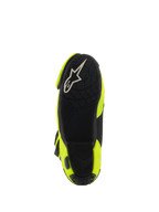 Alpinestars Supertech R ventilerede støvler, set nedefra, sort gummisål, tekstureret grebsmønster til fodstøtter, hvidt A-star logo, Yellow Fluo og sort racing motorcykelstøvle