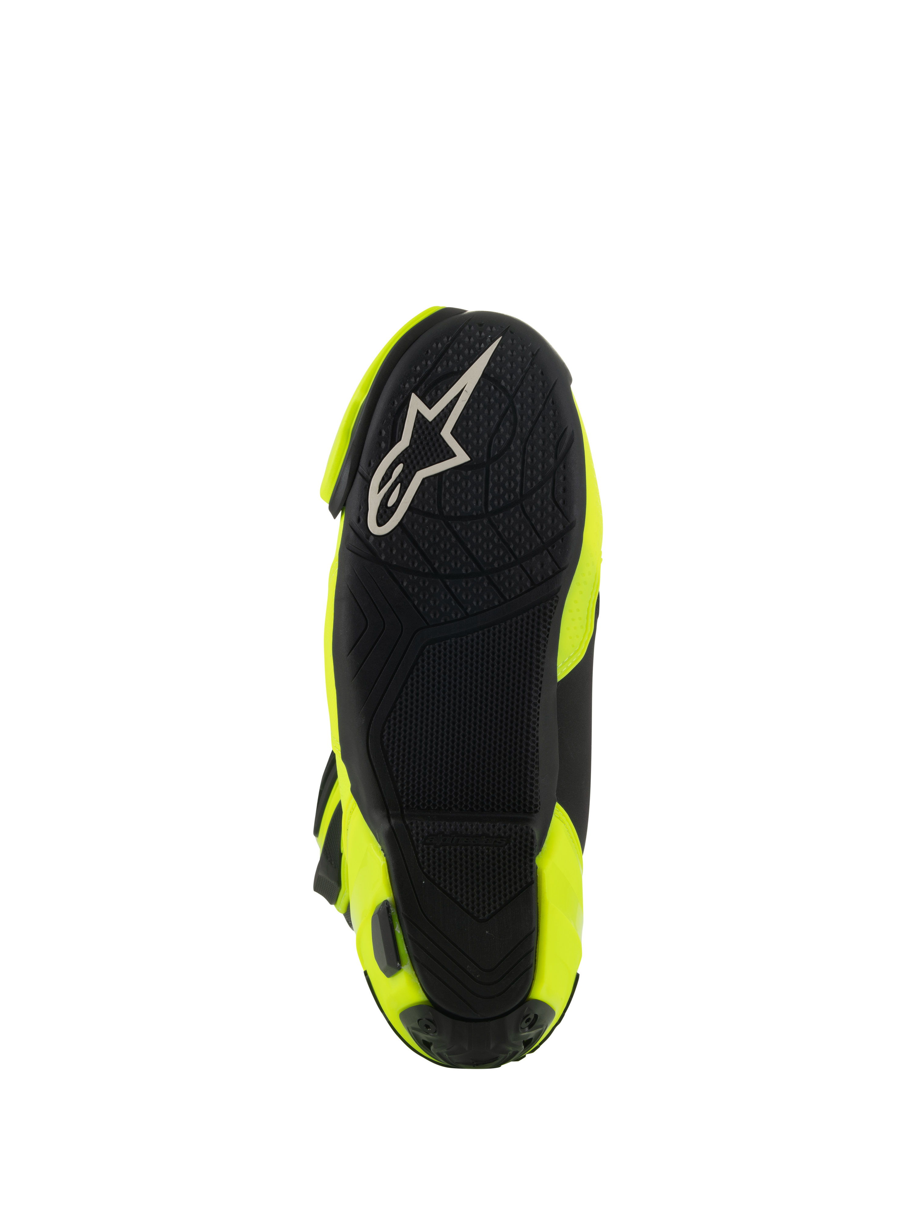 Alpinestars Supertech R ventilerede støvler, set nedefra, sort gummisål, tekstureret grebsmønster til fodstøtter, hvidt A-star logo, Yellow Fluo og sort racing motorcykelstøvle