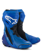 Alpinestars Supertech R Vented støvler, motorcykel racerstøvler, blå og sort, med perforeret mikrofiber for luftgennemstrømning, hvidt Alpinestars logo på skinnebenet, beskyttende TPU-plader og -slidere, professionelt baneklar design