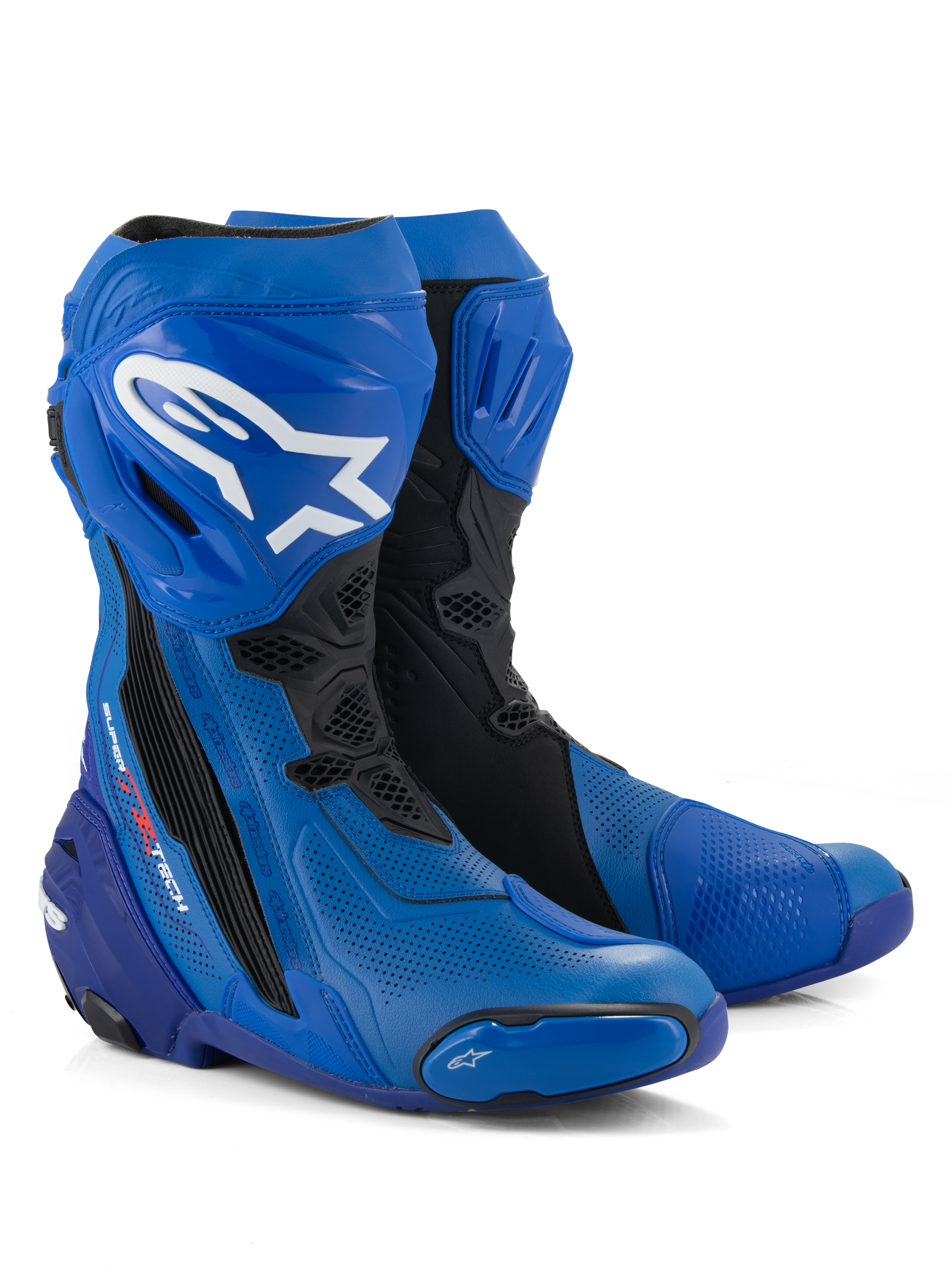 Alpinestars Supertech R Vented støvler, motorcykel racerstøvler, blå og sort, med perforeret mikrofiber for luftgennemstrømning, hvidt Alpinestars logo på skinnebenet, beskyttende TPU-plader og -slidere, professionelt baneklar design