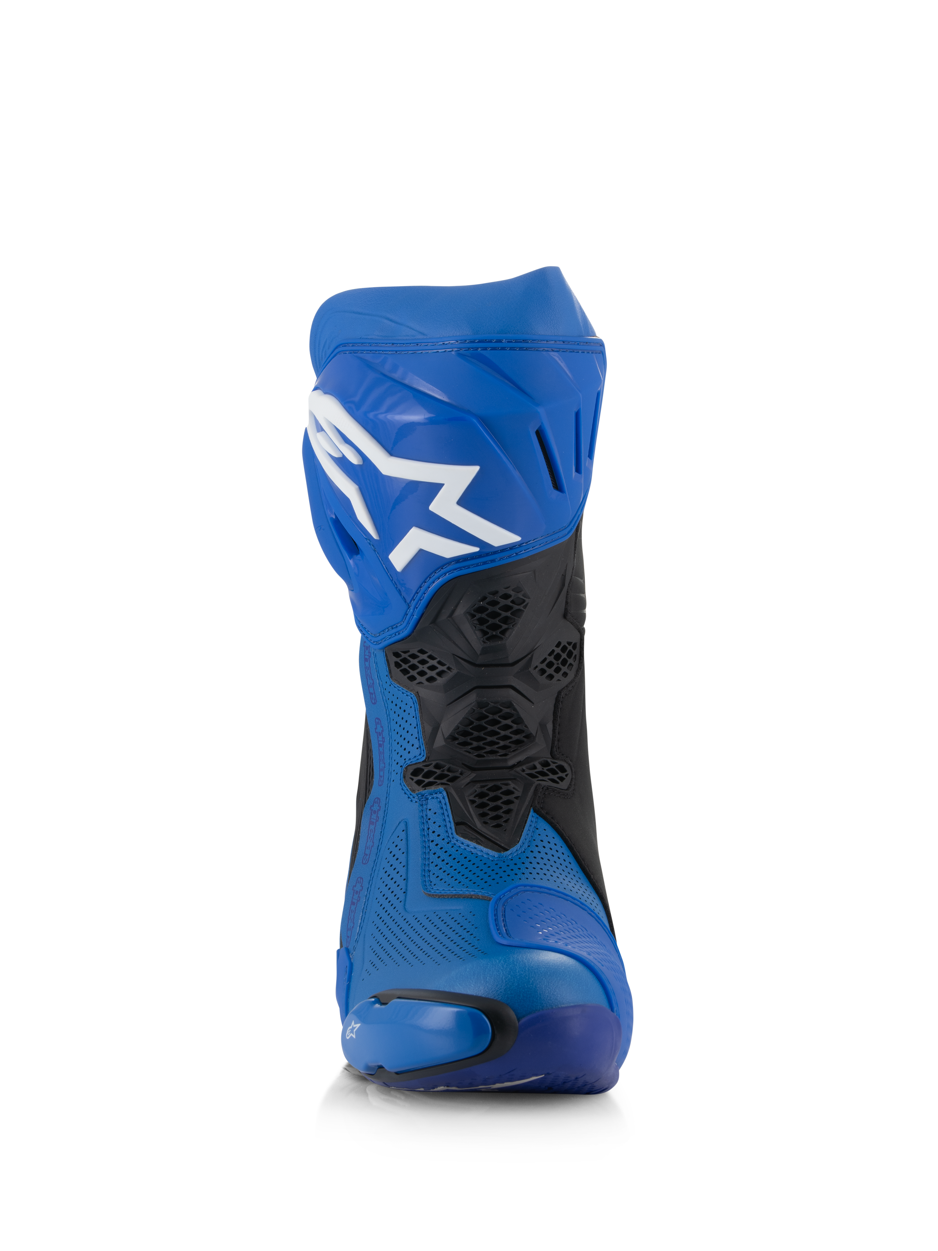 Alpinestars Supertech R Vented støvler, blå og sorte racing motorcykelstøvler, set forfra, overdel i perforeret mikrofiber, hvidt Astar-logo på skinnebenspladen, ventilerede mesh-paneler og beskyttende sliders.