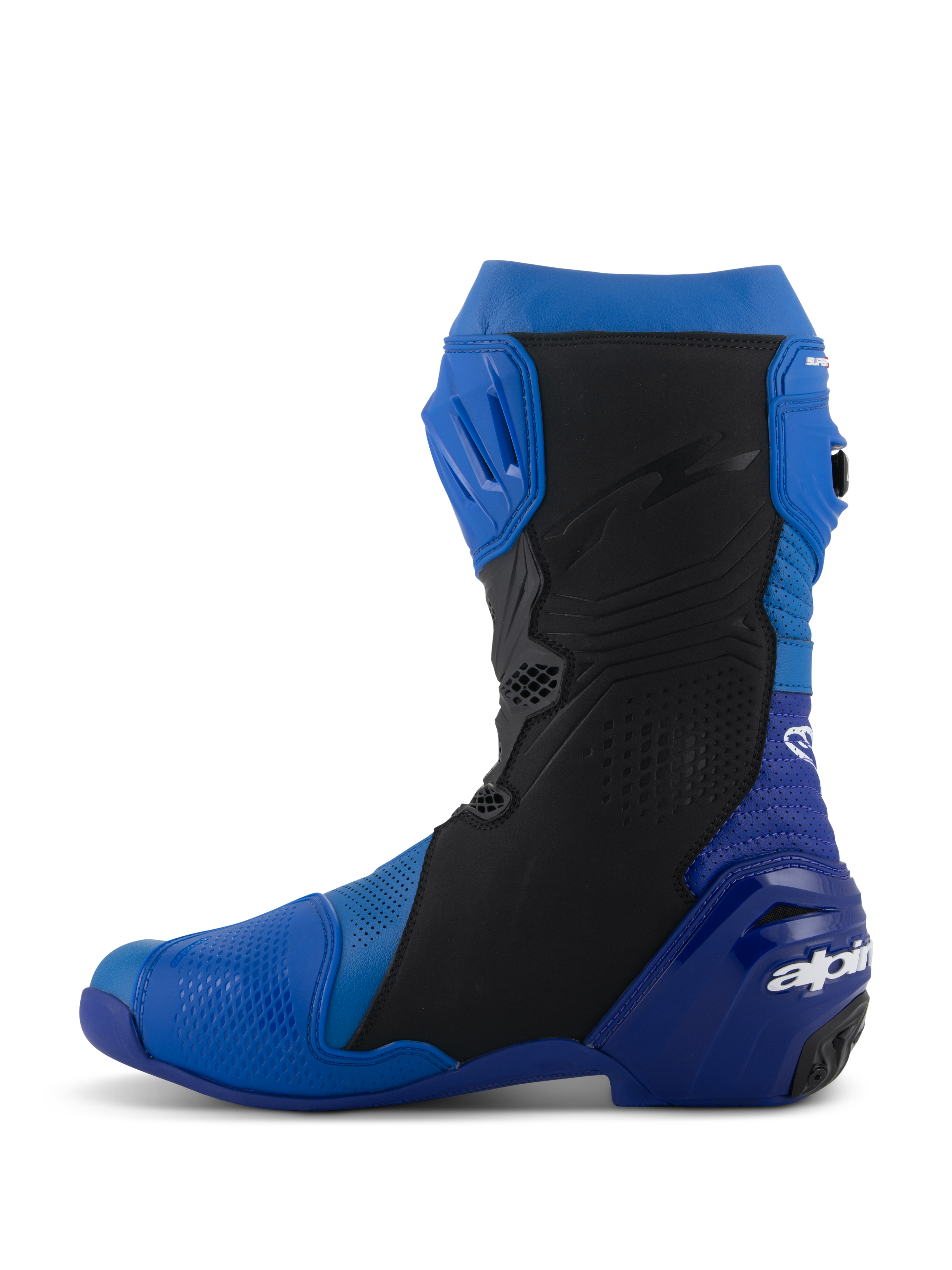 Alpinestars Supertech R Vented støvler, blå og sort, set fra siden, højtydende racing-motorcykelstøvler med perforeret mikrofiber for ventilation, TPU-skinneplade og Alpinestars-branding på hælen.