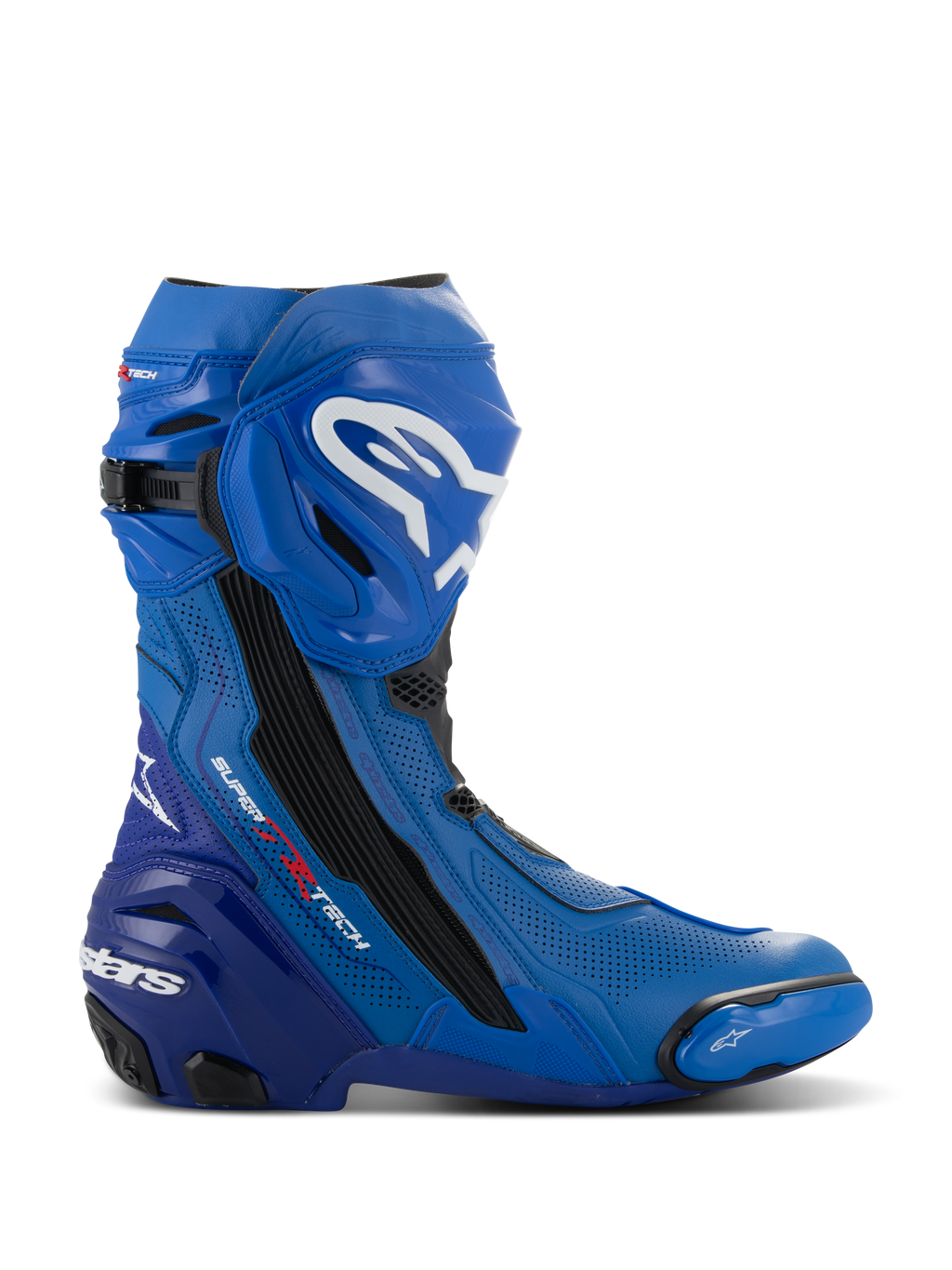 Alpinestars Supertech R Vented støvler, blå og sorte motorcykelracingstøvler, sideprofil med hvide logoer, omfattende perforerede ventilationszoner, forstærket hæl og udskiftelig tåslider.