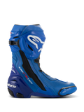Alpinestars Supertech R Vented støvler, blå og sorte motorcykelracingstøvler, sideprofil med hvide logoer, omfattende perforerede ventilationszoner, forstærket hæl og udskiftelig tåslider.