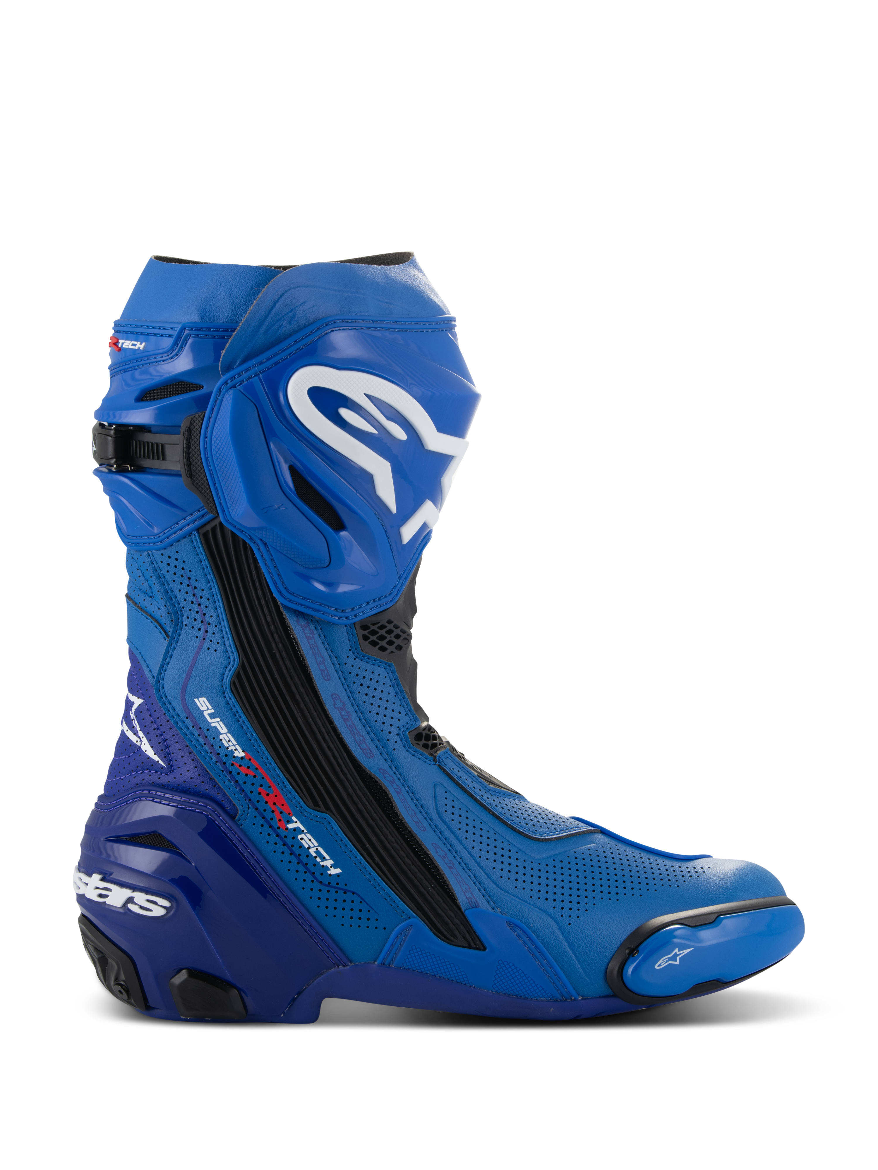 Alpinestars Supertech R Vented støvler, blå og sorte motorcykelracingstøvler, sideprofil med hvide logoer, omfattende perforerede ventilationszoner, forstærket hæl og udskiftelig tåslider.