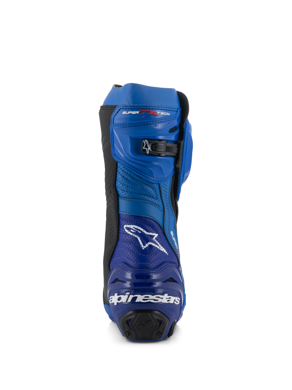 Alpinestars Supertech R Vented støvler, racing motorcykelstøvler, blå og sort, set bagfra med Alpinestars-logo og tekst på hælen, perforerede mikrofiberpaneler og en mikrojusterbar skraldelukning i toppen.