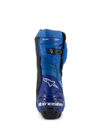 Alpinestars Supertech R Vented støvler, racing motorcykelstøvler, blå og sort, set bagfra med Alpinestars-logo og tekst på hælen, perforerede mikrofiberpaneler og en mikrojusterbar skraldelukning i toppen.