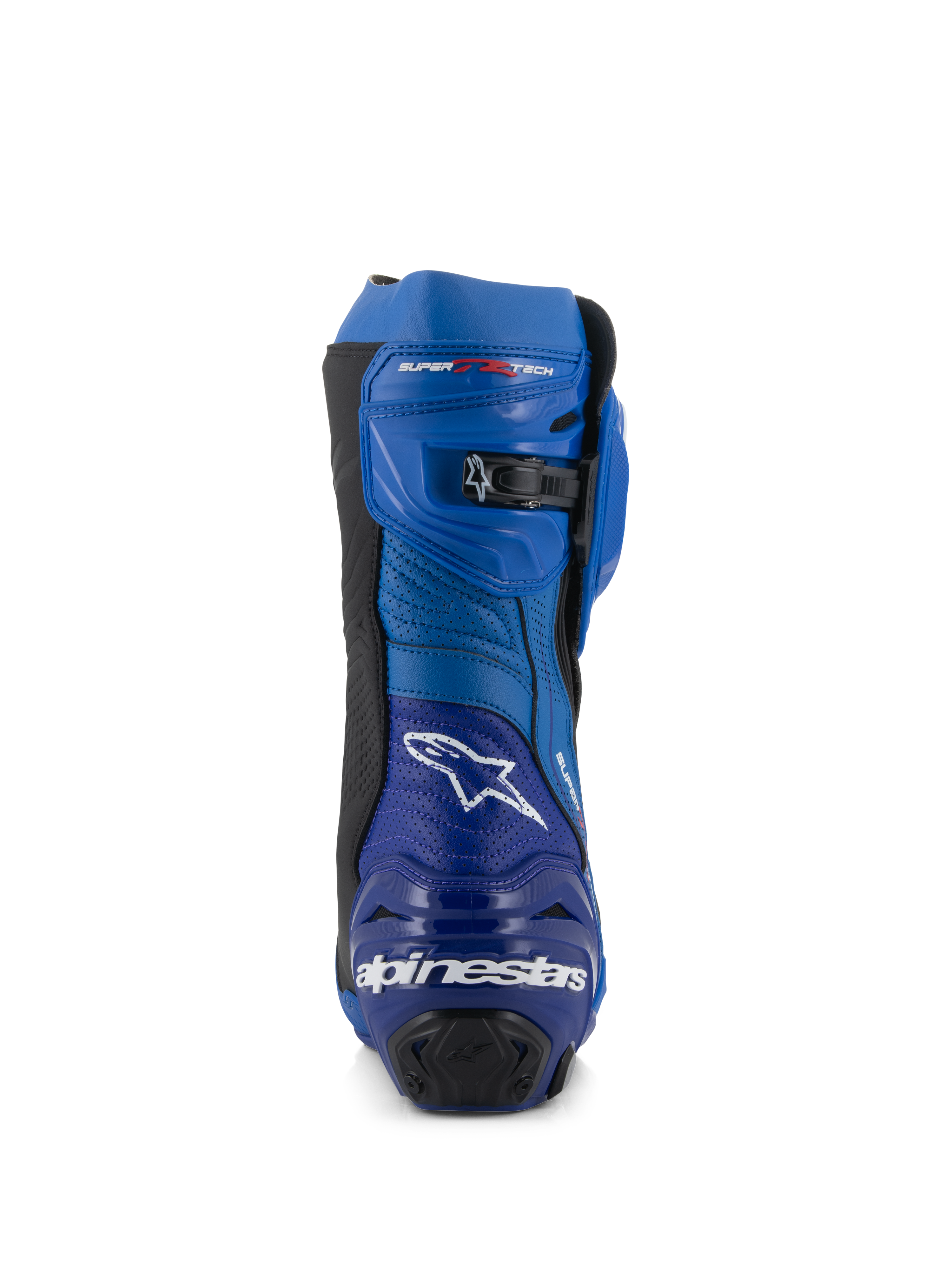 Alpinestars Supertech R Vented støvler, racing motorcykelstøvler, blå og sort, set bagfra med Alpinestars-logo og tekst på hælen, perforerede mikrofiberpaneler og en mikrojusterbar skraldelukning i toppen.