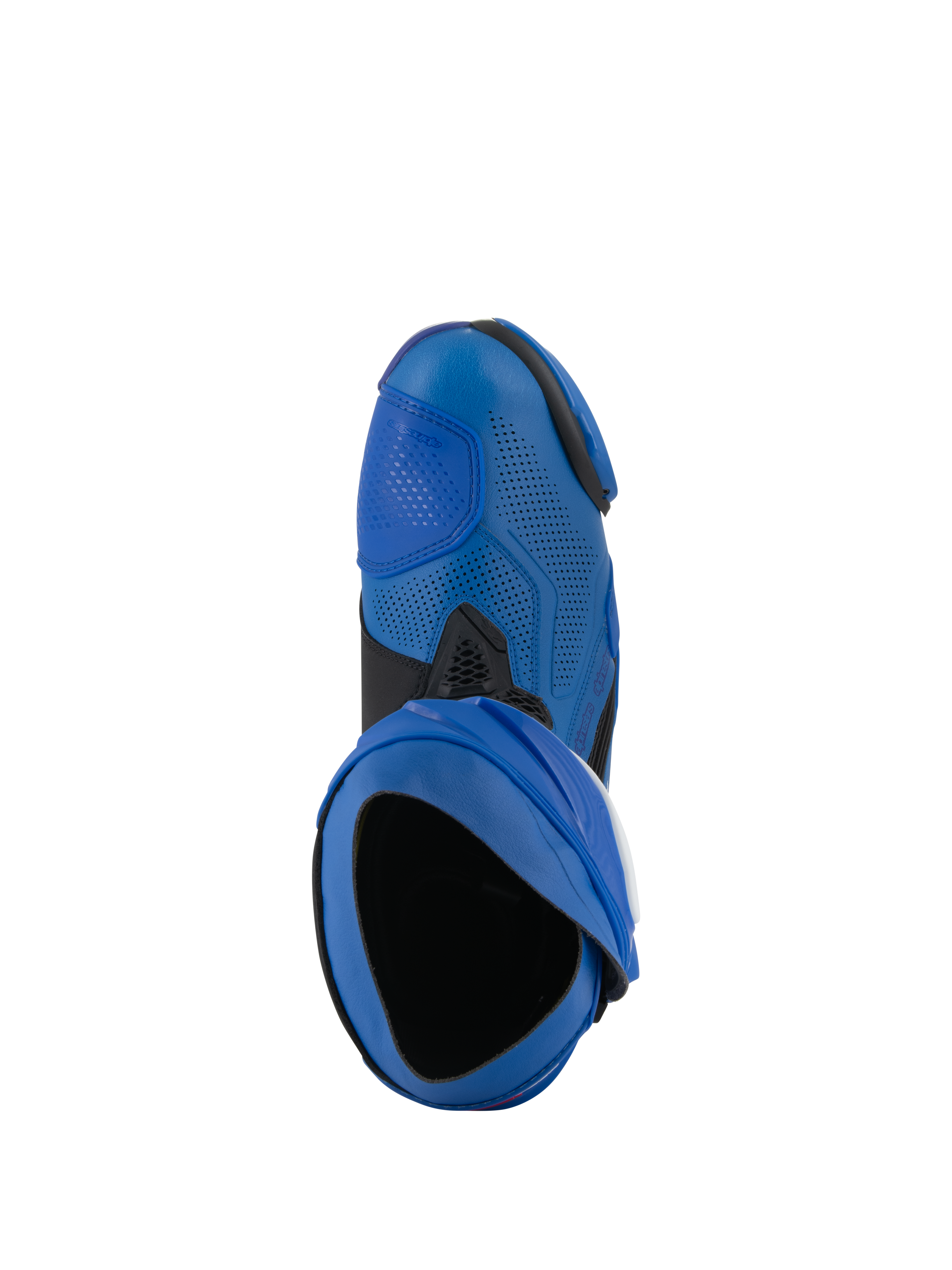 Alpinestars Supertech R Vented-støvler, racer-motorcykelstøvler, blå og sort, set oppefra, viser indgangen og den perforerede mikrofiberoverdel, højtydende motorsportfodtøj med ventileret design