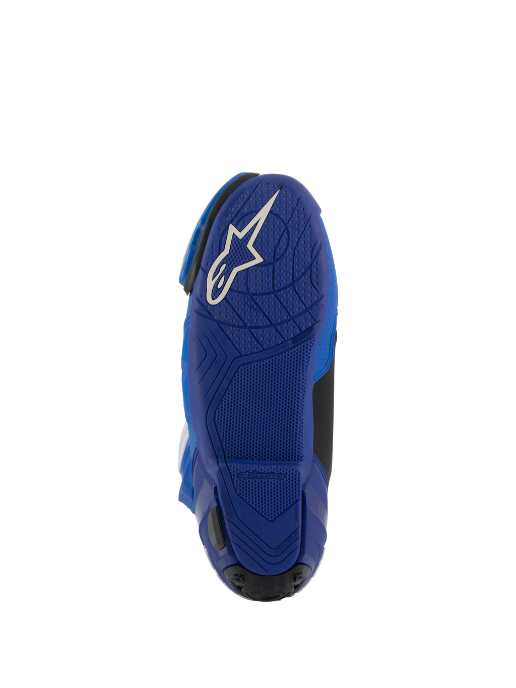 Alpinestars Supertech R ventilerede støvler, blå og sort, underside af den blå gummisål med hvidt Astars-logo, tekstureret grebsmønster for kontrol på fodstøtterne, højtydende motorcykelstøvler til racing