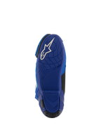 Alpinestars Supertech R ventilerede støvler, blå og sort, underside af den blå gummisål med hvidt Astars-logo, tekstureret grebsmønster for kontrol på fodstøtterne, højtydende motorcykelstøvler til racing