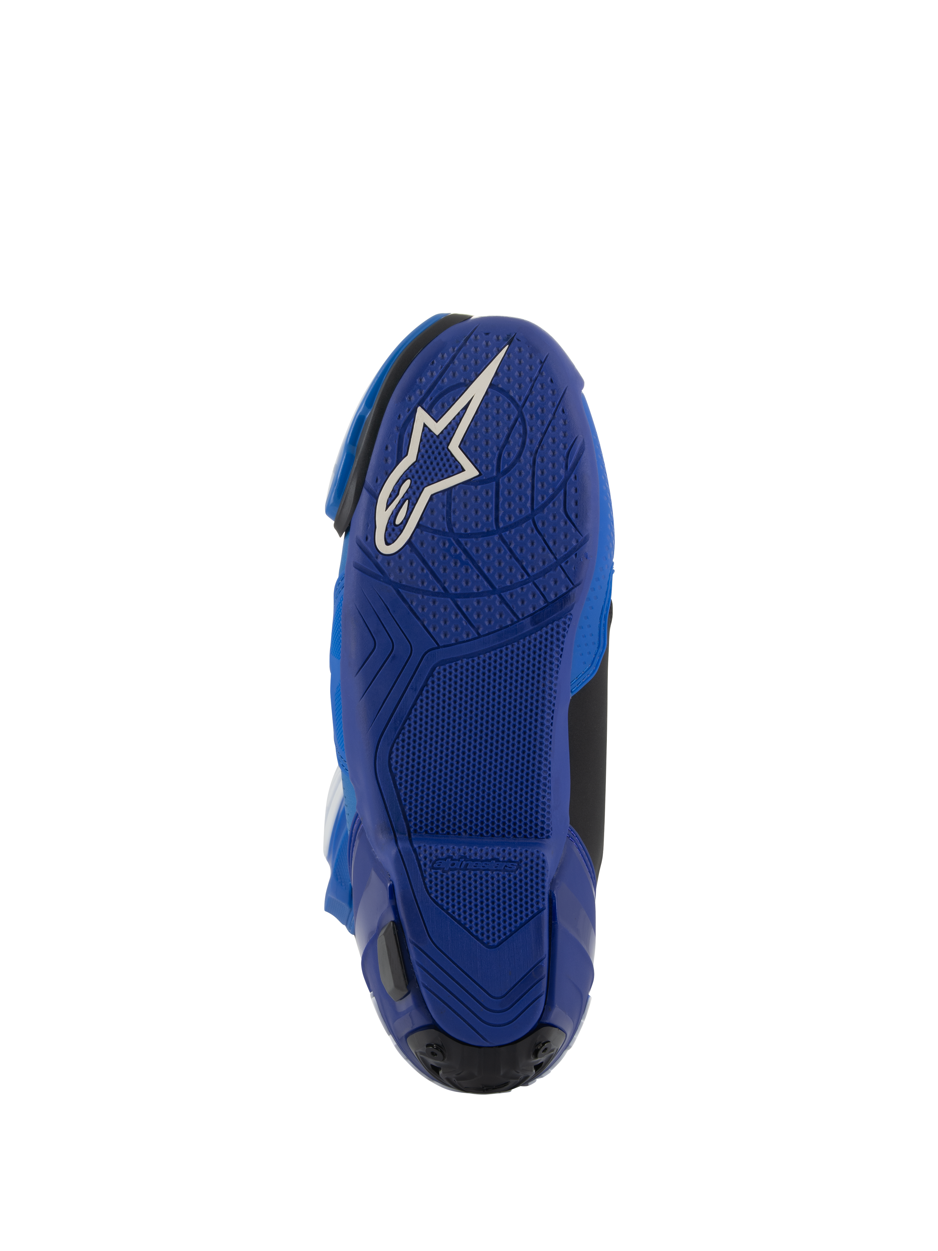 Alpinestars Supertech R ventilerede støvler, blå og sort, underside af den blå gummisål med hvidt Astars-logo, tekstureret grebsmønster for kontrol på fodstøtterne, højtydende motorcykelstøvler til racing