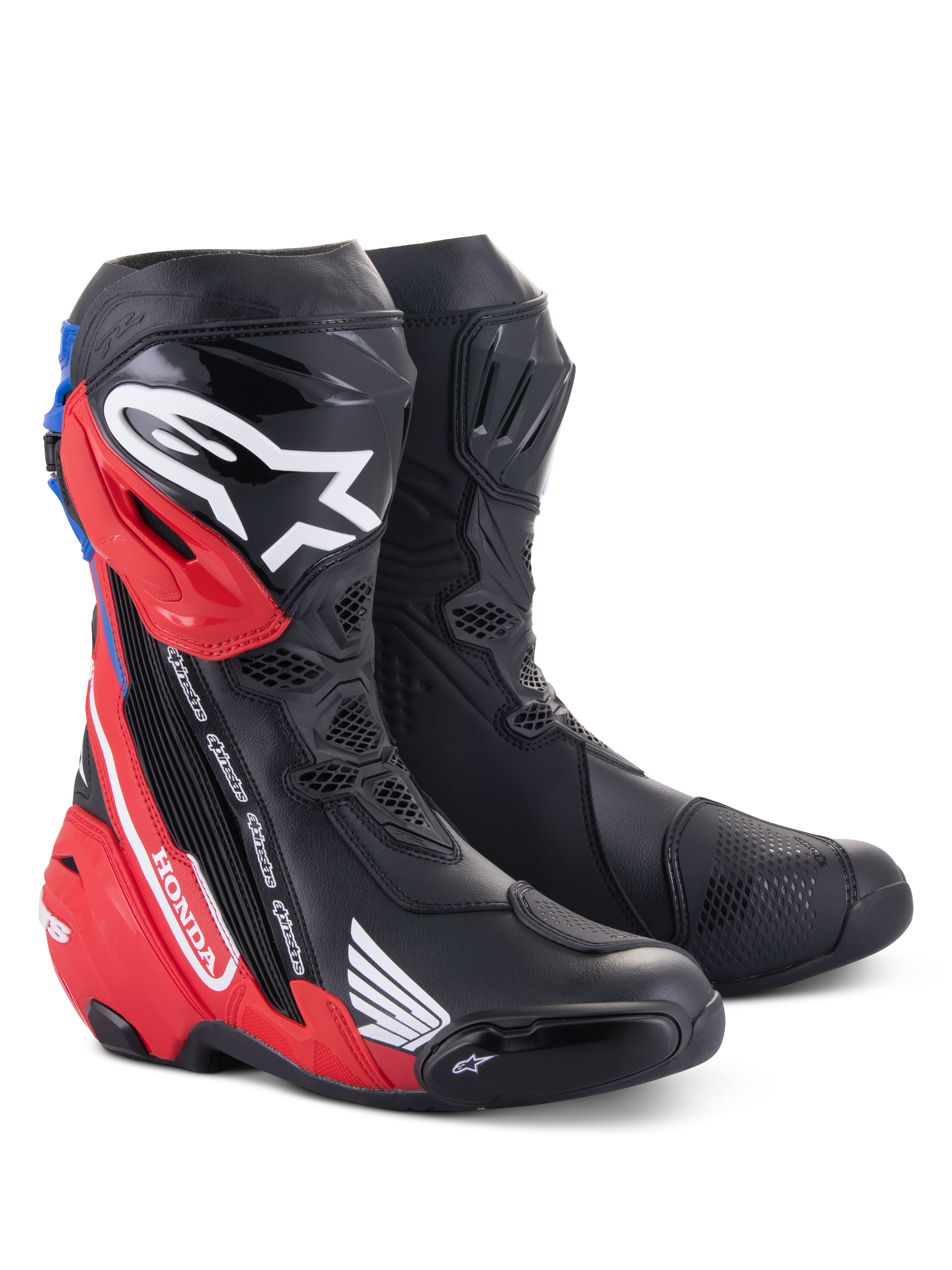 Alpinestars Honda Supertech R Boots, Motorcycle Racing Boots, Black Bright Red and Blue, featuring TPU shin guards, Honda branding, and advanced aerodynamic design for track and road performance.