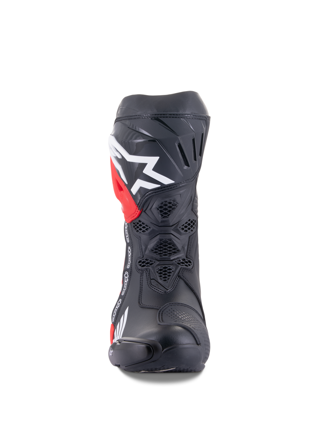 Alpinestars Honda Supertech R Boots, Motorcycle Racing Boots, Black with Red and White accents, front-facing view showing honeycomb mesh ventilation, large white logo on the shin, and high-performance microfiber construction.