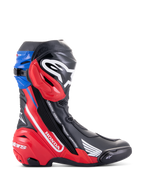 Alpinestars Honda Supertech R Boots, Racing Motorcycle Boots, Black Bright Red and Blue, features white Honda branding on red side panel, Alpinestars logo on shin, blue top gaiter, sleek aerodynamic design with advanced TPU protection