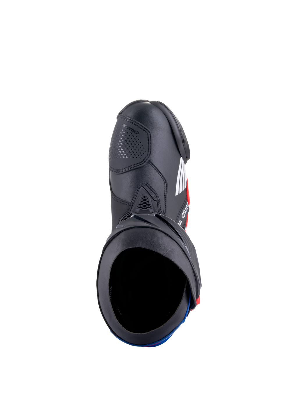 Alpinestars Honda Supertech R Boots, Motorcycle Racing Boots, Black Bright Red and Blue, top-down view showing the boot opening and microfiber construction, featuring protective TPU plates and a streamlined racing design