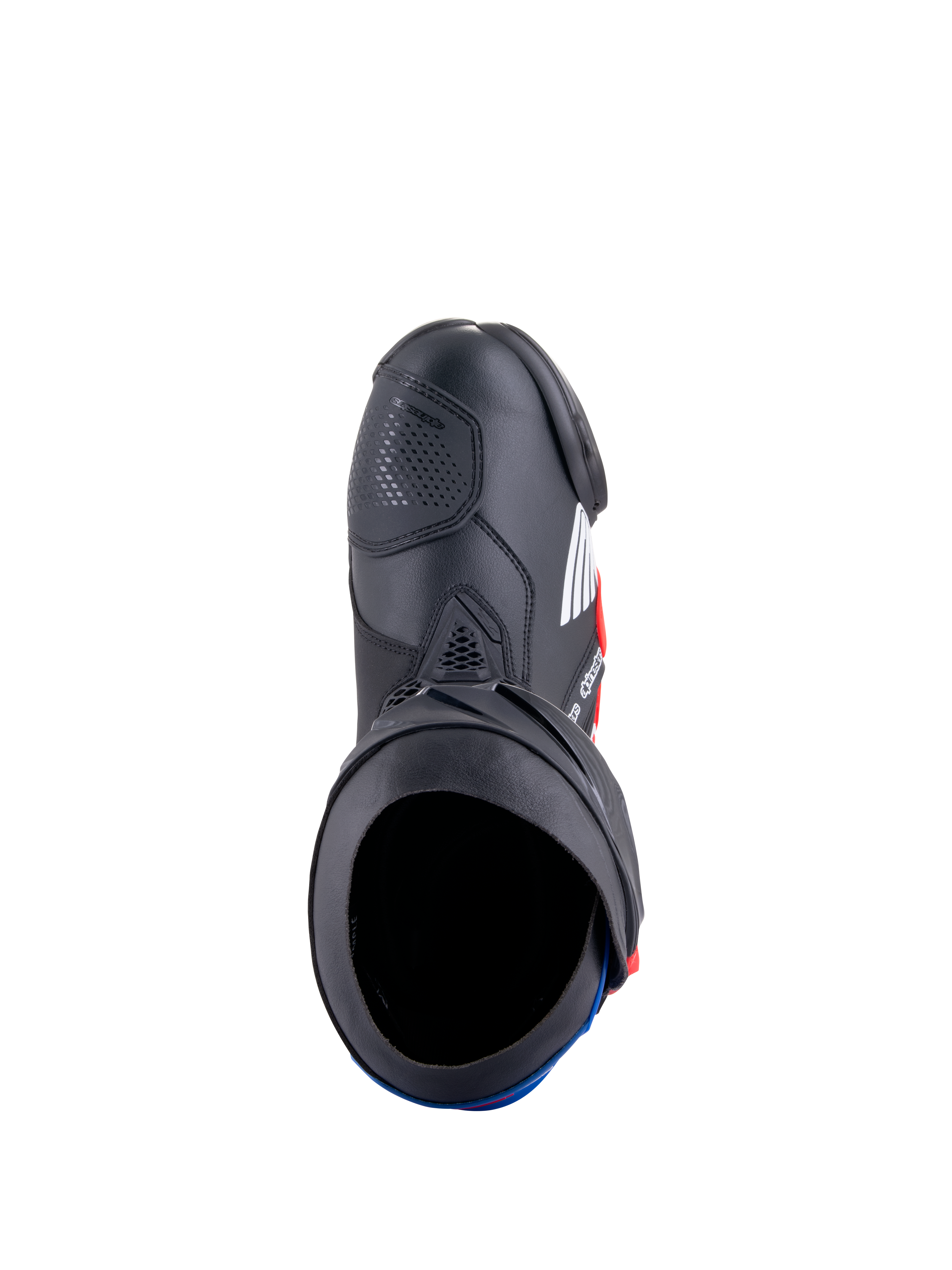 Alpinestars Honda Supertech R Boots, Motorcycle Racing Boots, Black Bright Red and Blue, top-down view showing the boot opening and microfiber construction, featuring protective TPU plates and a streamlined racing design