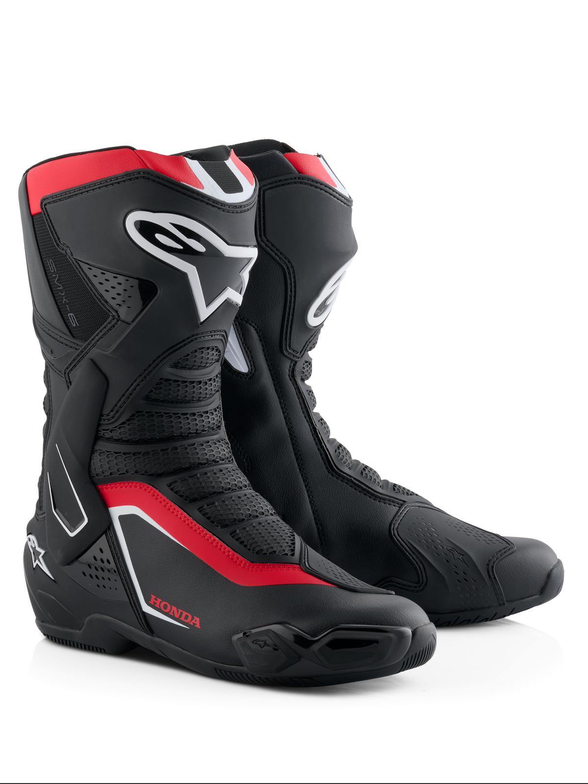 Alpinestars Honda SMX-6 V3 støvler, højtydende motorcykelstøvler, sort, klar rød og hvid, TPU skinnebens- og ankelbeskyttelse, ventilerede mesh-paneler, moderne aerodynamisk profil med Honda-branding