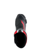 Alpinestars Honda SMX-6 V3 Boots, Performance Motorcycle Boots, Black Bright Red and White, top-down view looking into the boot opening, featuring microfiber upper with mesh detailing and red accents, sleek aerodynamic design for track and street riding