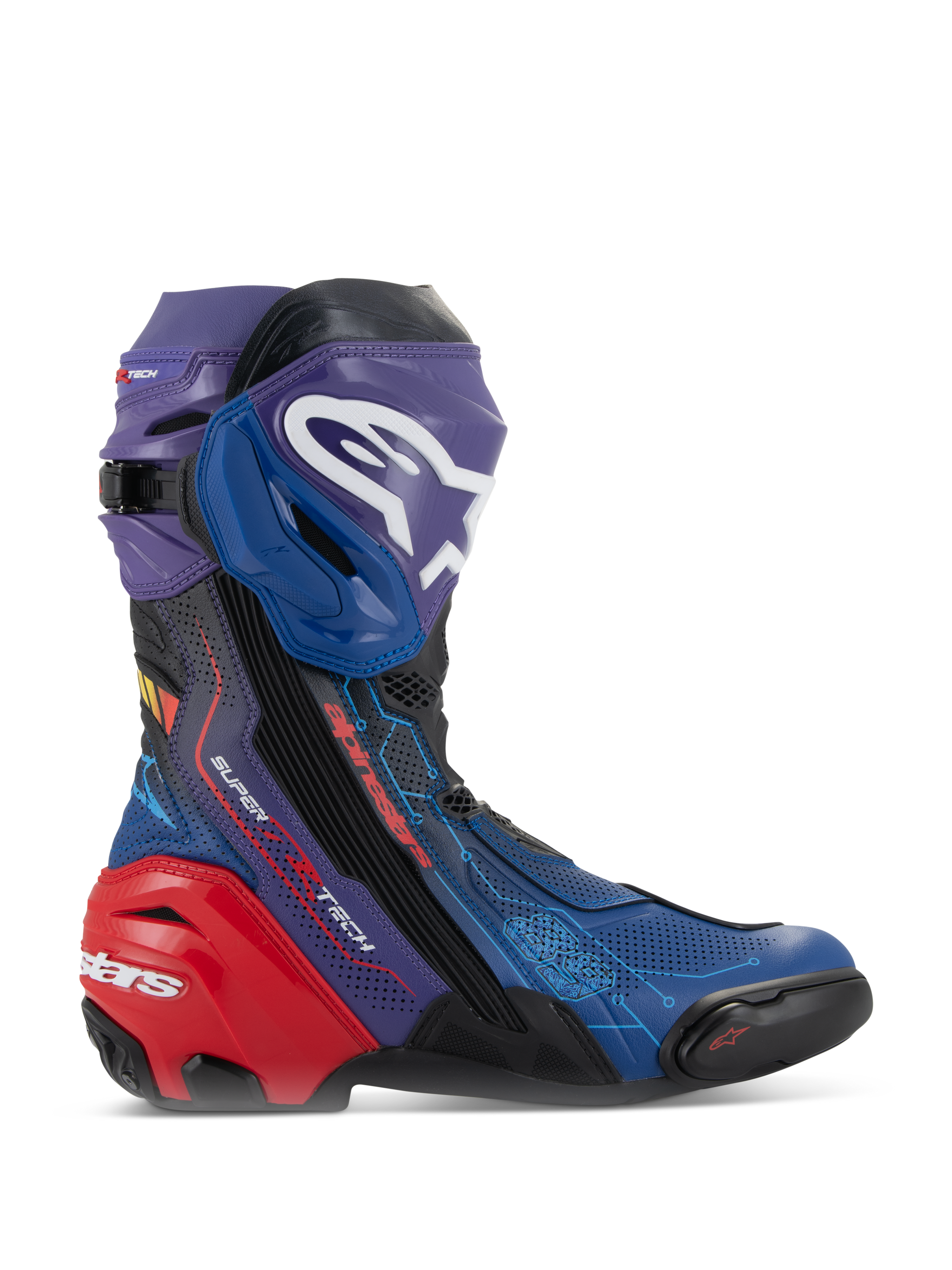 Alpinestars Supertech R LE Martinator R01 Vented Boots, high-performance racing motorcycle boots, vibrant blue purple and red colorway, featuring a perforated microfiber chassis, prominent white Alpinestars logo on the shin plate, and a reinforced red heel protector