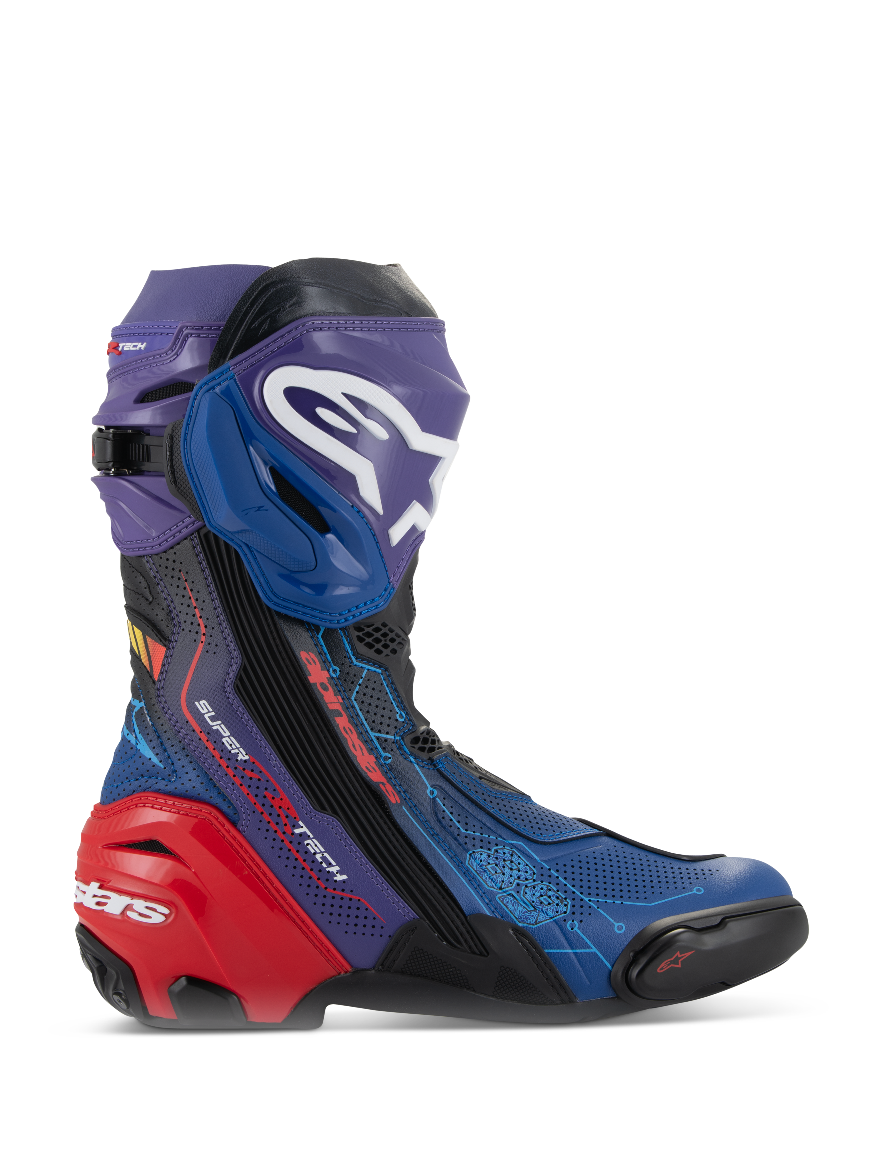 Alpinestars Supertech R LE Martinator R01 ventilerede støvler, højtydende racingstøvler til motorcykel, levende blå, lilla og rød farvekombination, perforeret mikrofiber-overdel, fremtrædende hvidt Alpinestars-logo på skinnepladen, forstærket rød hælbeskytter