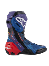 Alpinestars Supertech R LE Martinator R01 Vented Boots, Racing Motorcycle Boots, Blue Purple and Red with black accents, featuring perforated microfiber for airflow, red heel plate slider, white Astars logo on the shin, and technical performance design for track and road riding.