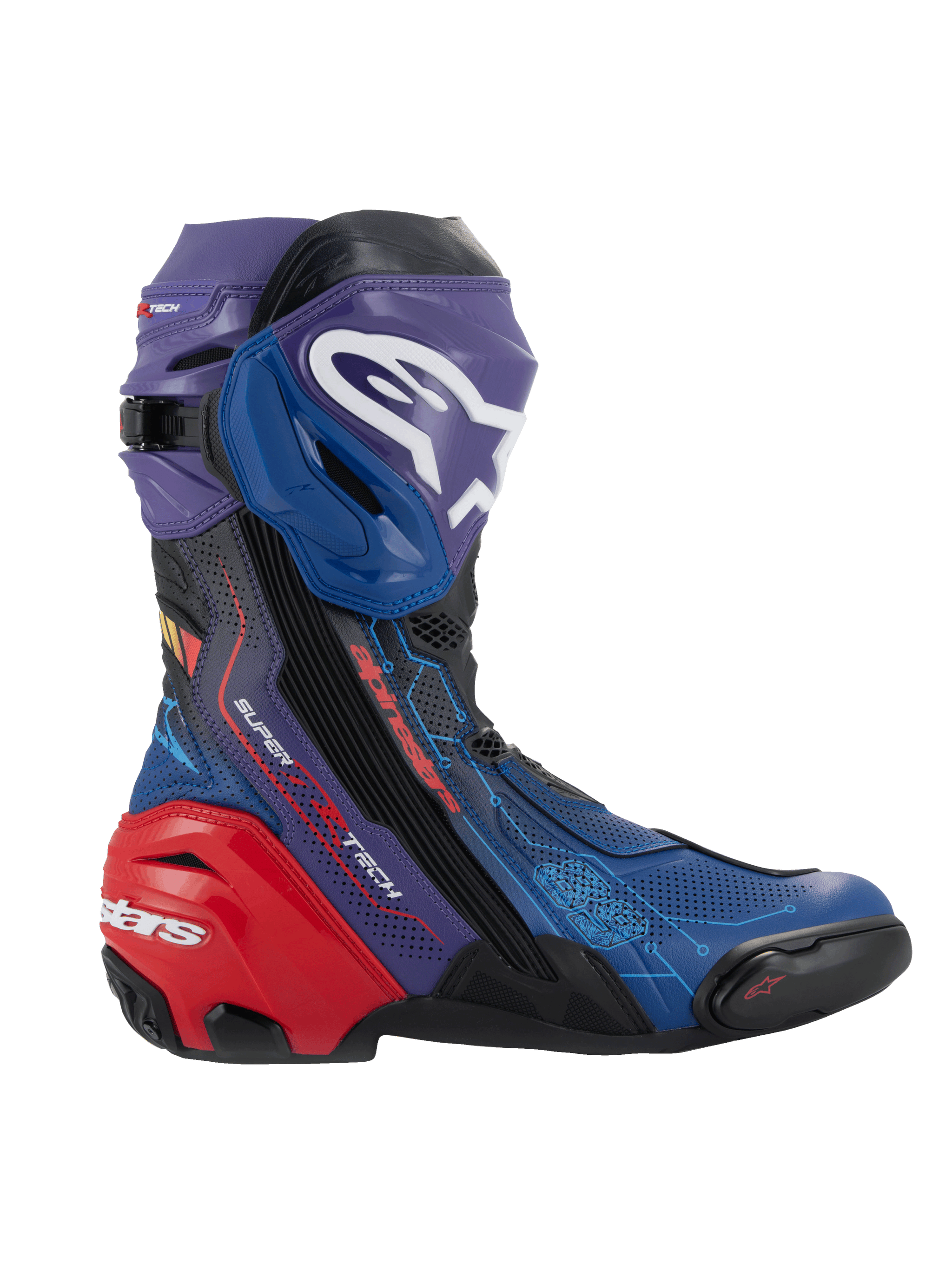 Alpinestars Supertech R LE Martinator R01 Vented Boots, Racing Motorcycle Boots, Blue Purple and Red with black accents, featuring perforated microfiber for airflow, red heel plate slider, white Astars logo on the shin, and technical performance design for track and road riding.