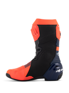 Alpinestars Supertech R Vented MM93 Replica Boots, Motorcycle Racing Boots, Red Fluo Dark Blue and Black, medial side profile view, featuring perforated microfiber upper, TPU protection plates, and sleek performance design.