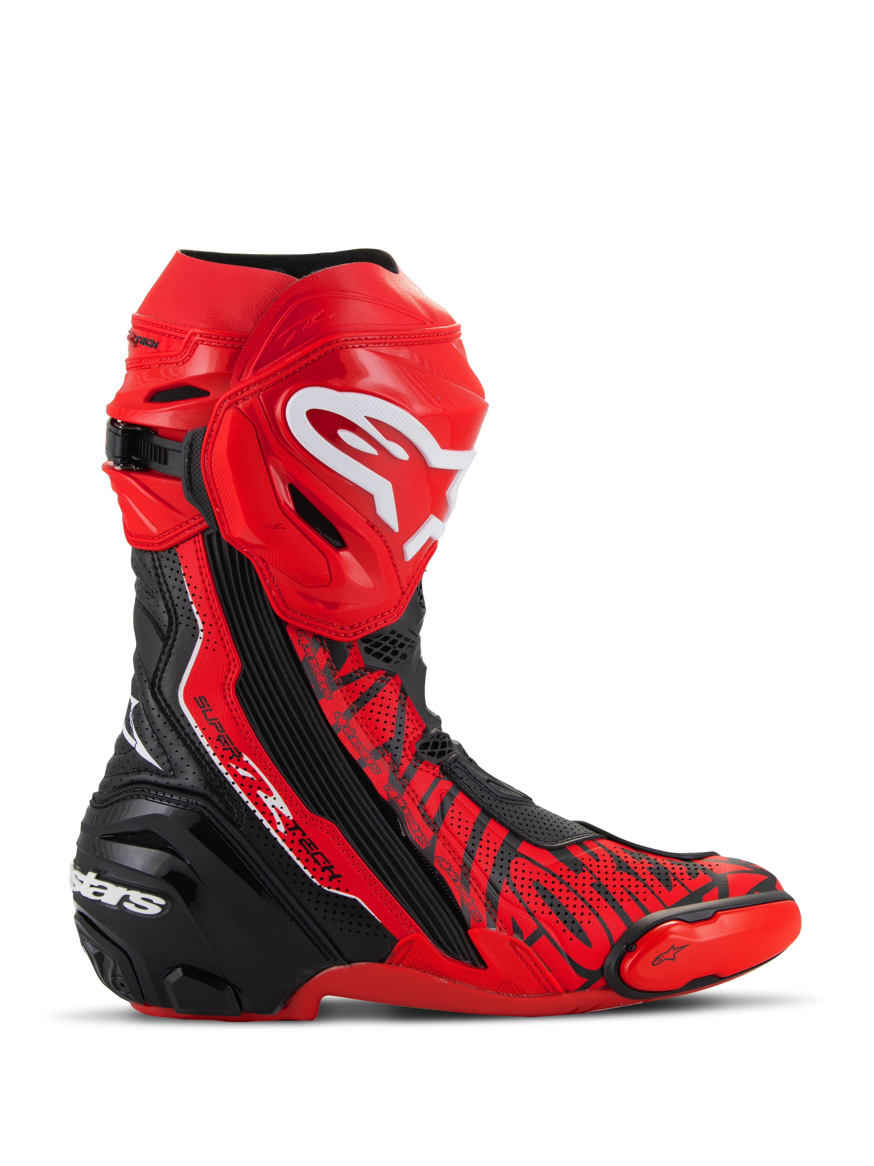Alpinestars Supertech R LE Pecco Bagnaia Vented Boots, MotoGP Racing Boots, Red with Black and White accents, featuring perforated microfiber construction for airflow, red TPU shin plate with white logo, black reinforced heel, and replaceable toe sliders, professional track-focused design
