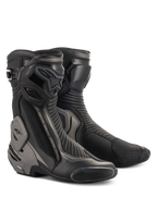 Alpinestars SMX Plus V2 Boots, Racing and Sport Motorcycle Boots, Black and Dark Gray, featuring advanced Multi-Link Control ankle protection, TPU shin plate, and replaceable sliders, streamlined microfiber construction for road riding