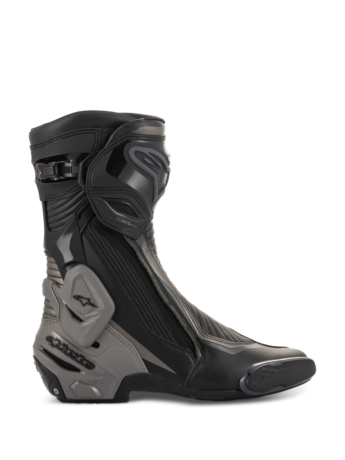 Alpinestars SMX Plus V2 Boots, Motorcycle Racing Boots, Black and Dark Gray, side profile showing advanced TPU shin plate and heel counter, Multi-Link Control system, flexible accordion zones, lateral zipper closure, and aerodynamic microfiber construction for performance riding