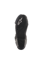 Alpinestars SMX Plus V2 Boots, Racing/Sport Motorcycle Boots, Black and Dark Gray, underside view of the textured rubber sole with white Astar logo and specialized grip zones for footpeg traction.
