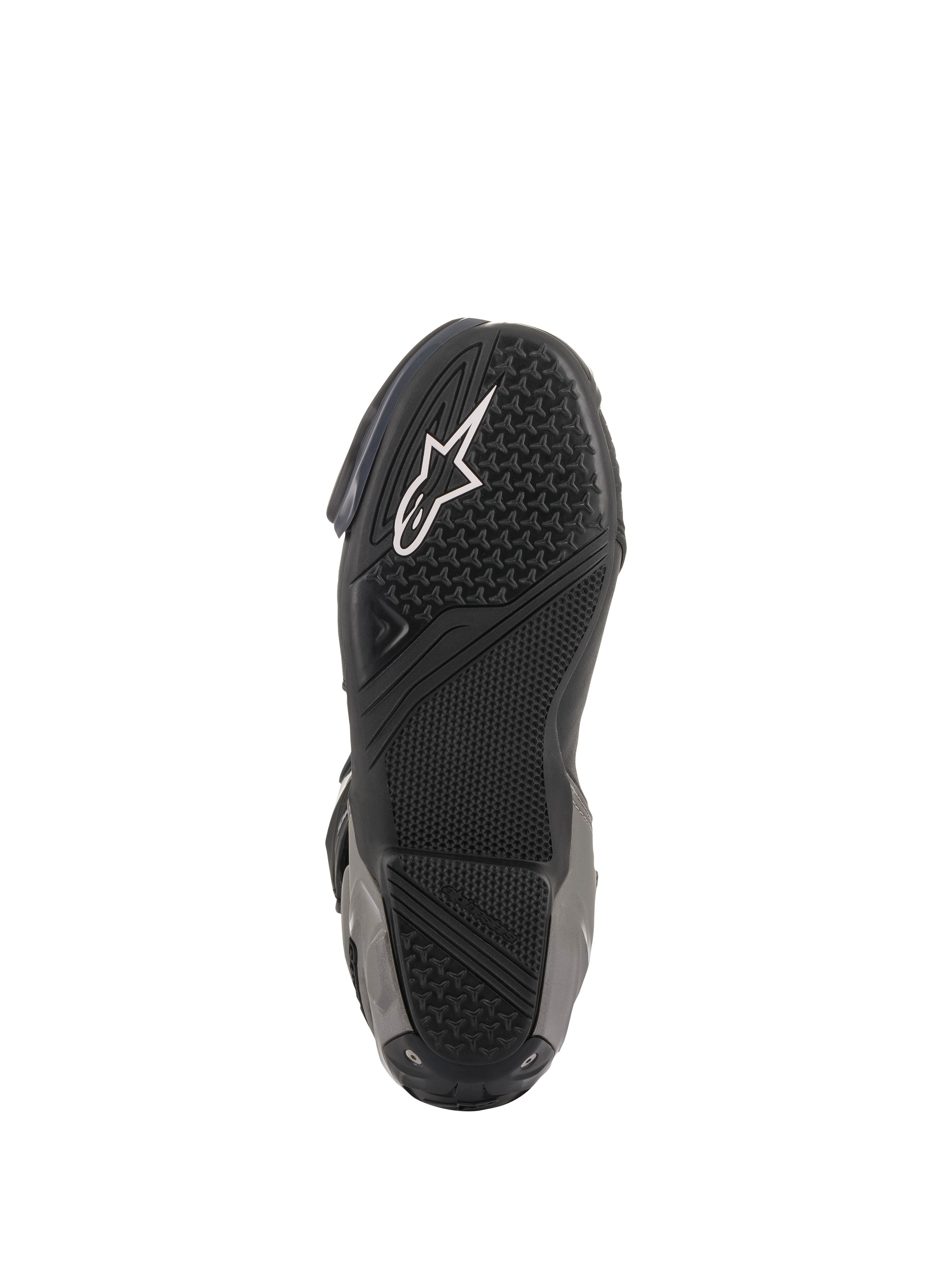 Alpinestars SMX Plus V2 Boots, Racing/Sport Motorcycle Boots, Black and Dark Gray, underside view of the textured rubber sole with white Astar logo and specialized grip zones for footpeg traction.