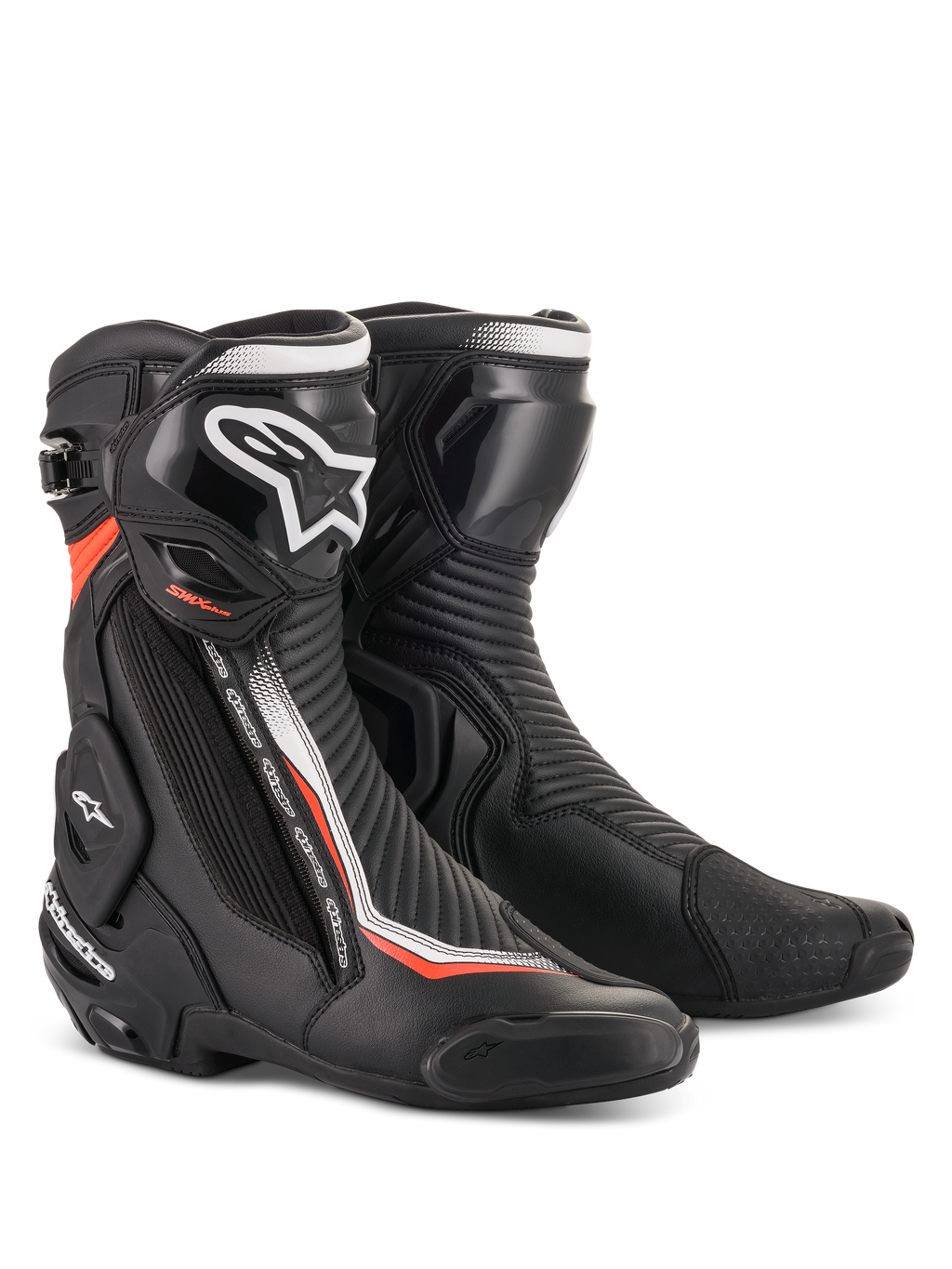 Alpinestars SMX Plus V2 motorcykelracingstøvler i sort og fluorescerende rød med avanceret TPU-beskyttelse.