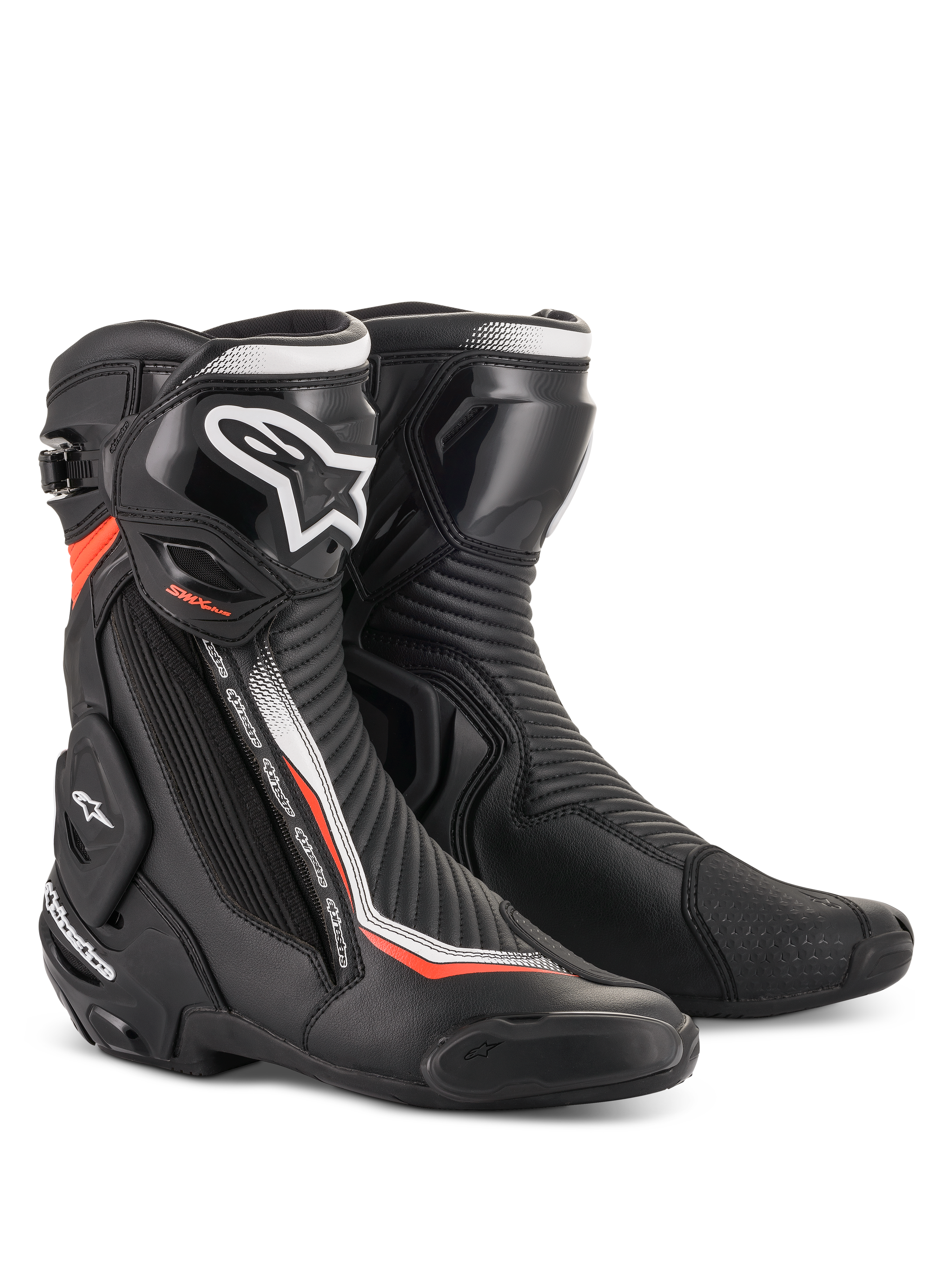 Alpinestars SMX Plus V2 motorcykelracingstøvler i sort og fluorescerende rød med avanceret TPU-beskyttelse.