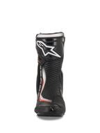 Alpinestars SMX Plus V2 støvler, motorcykelracingstøvler, sort og rød fluo, mikrofiber med TPU-skinnebensplade, set forfra