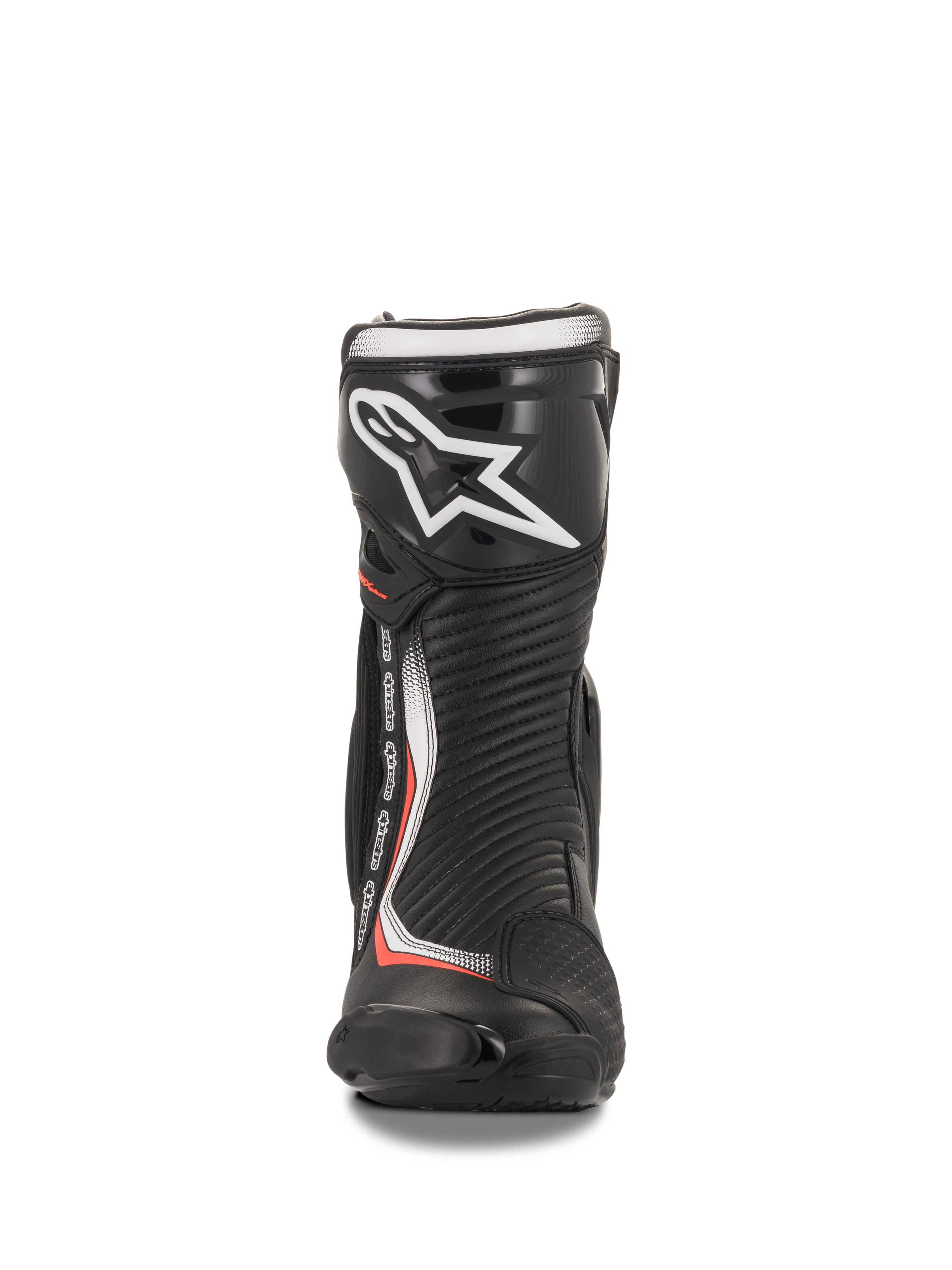 Alpinestars SMX Plus V2 støvler, motorcykelracingstøvler, sort og rød fluo, mikrofiber med TPU-skinnebensplade, set forfra