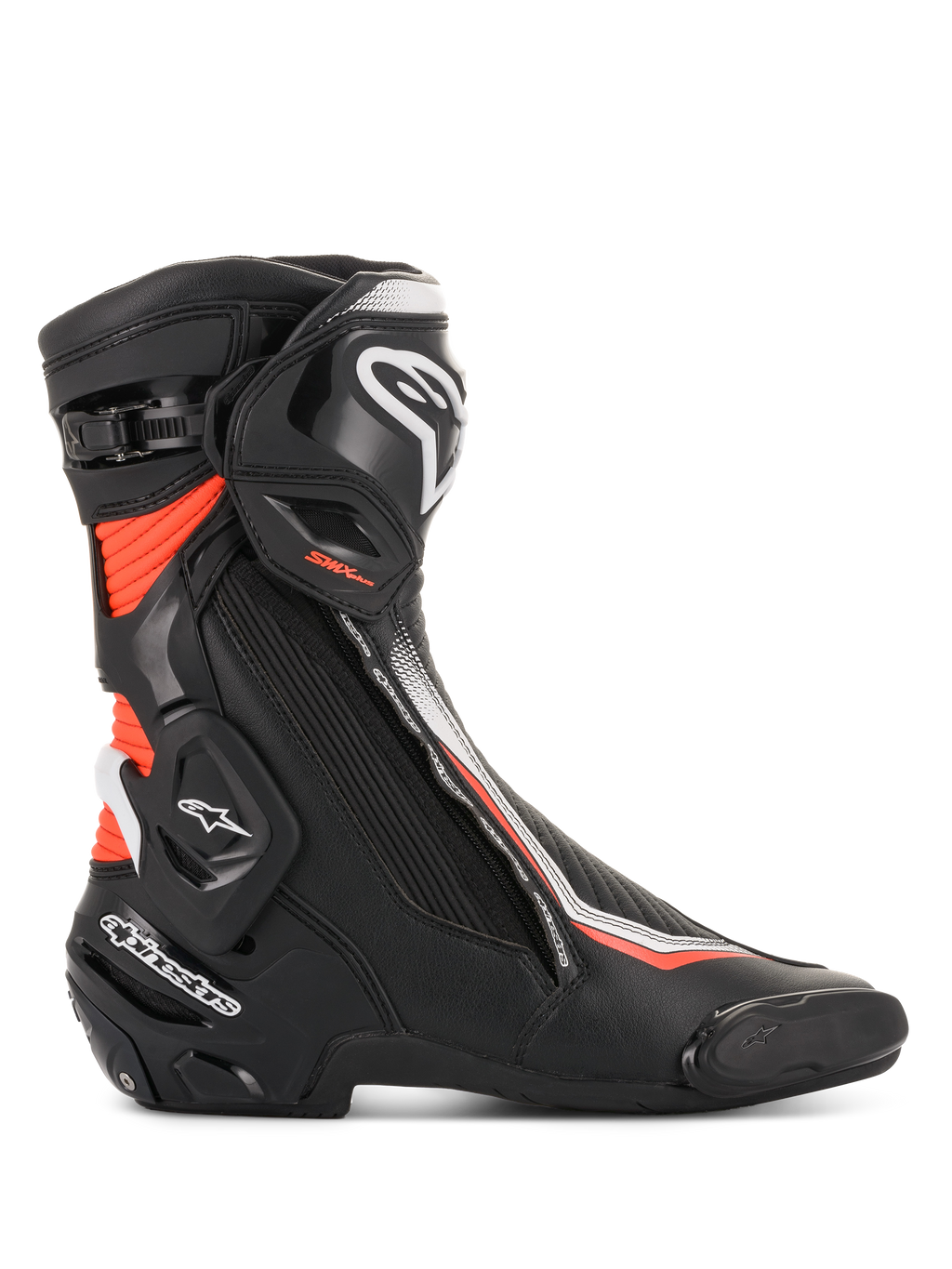 Alpinestars SMX Plus V2 herre motorcykelracingstøvler, sort, hvid og rød fluo, med Multi-Link Control ankelbeskyttelse.